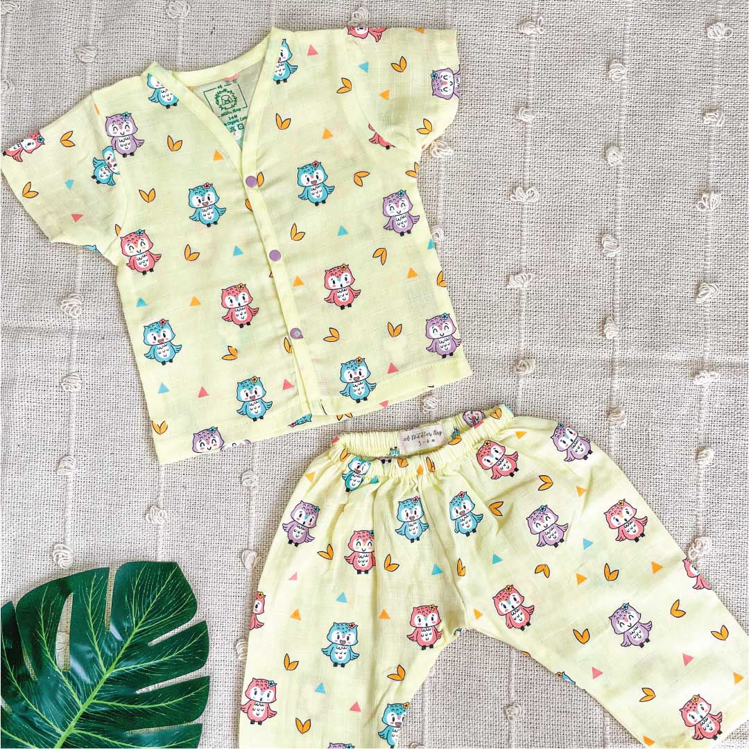 Unisex Happy Owl Muslin Sleep Suit for babies and kids