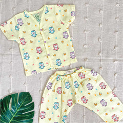 Unisex Happy Owl Muslin Sleep Suit for babies and kids