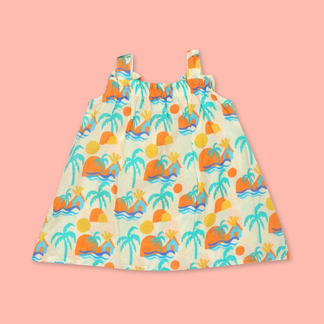 Breezy Leaf - Mulmul Cotton Sleeveless Bow Frock