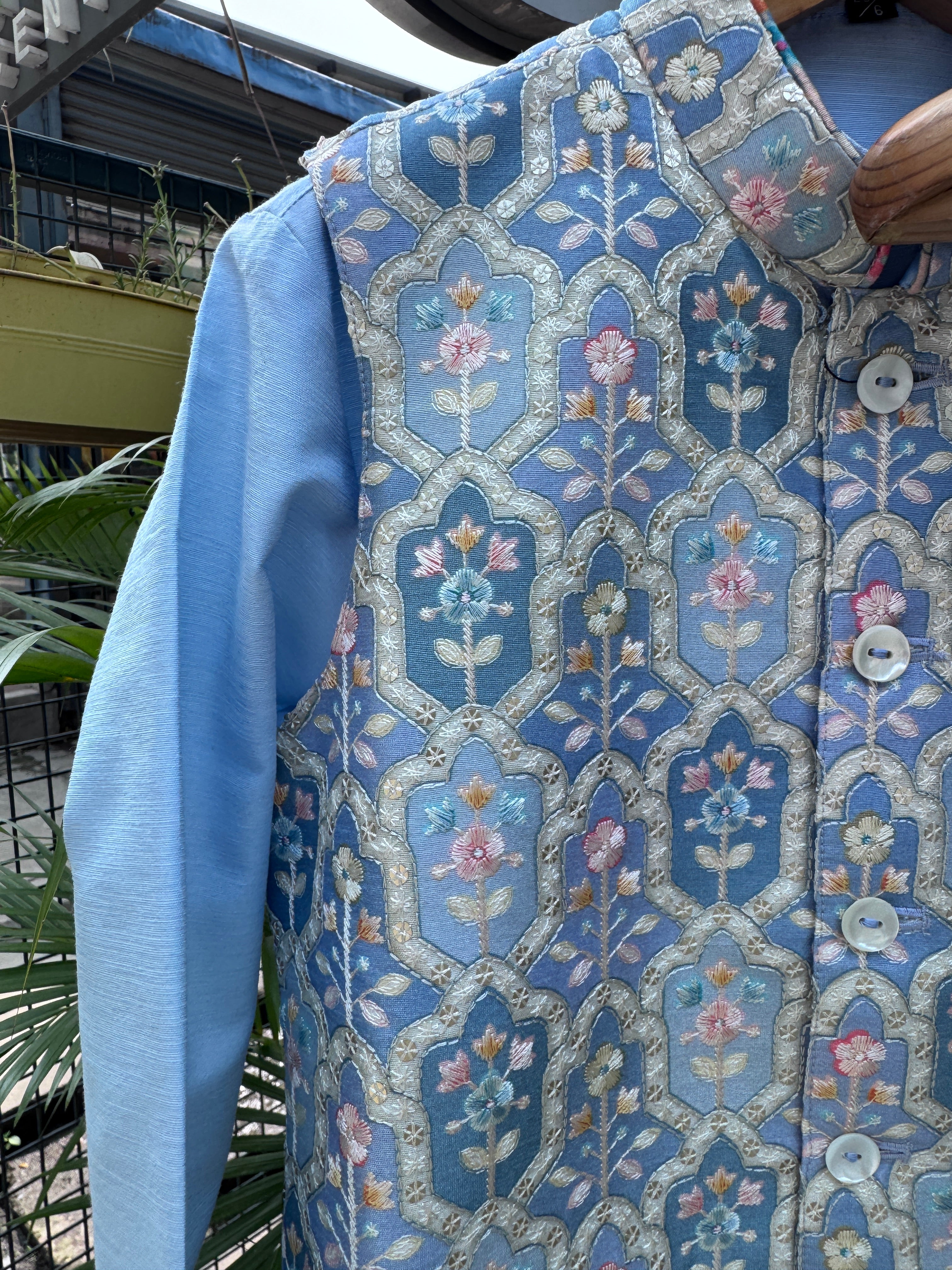 Mint Blue Boys Jacket Kurta Set with Pastel Mosaic Printed Nehru Jacket | Cotton Lining | Ages 5–7 Years