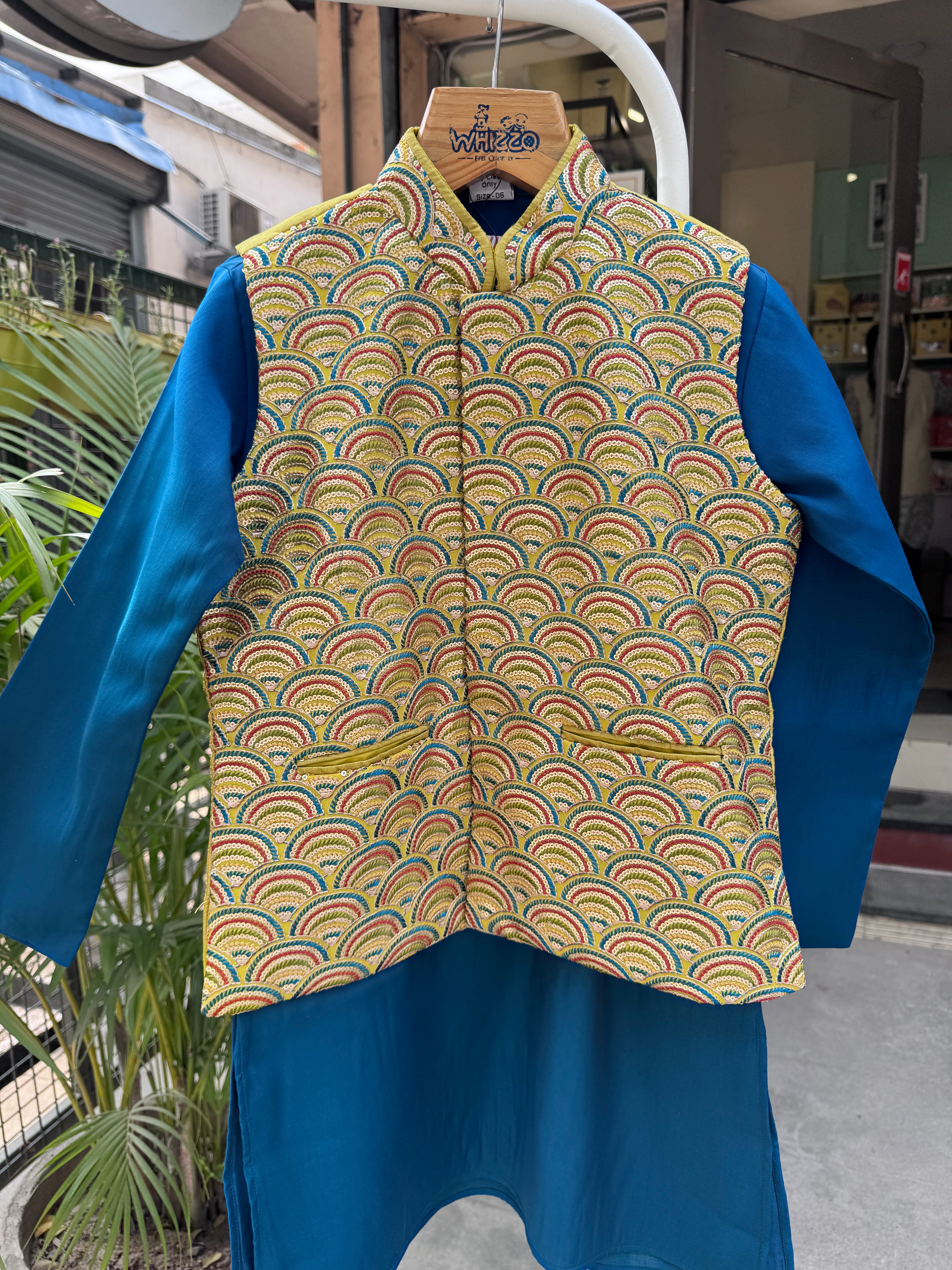 Royal Teal Kurta Set With Mustard Brocade Jacket – Cotton-Lined Festive Edition