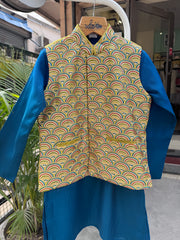 Royal Teal Kurta Set With Mustard Brocade Jacket – Cotton-Lined Festive Edition