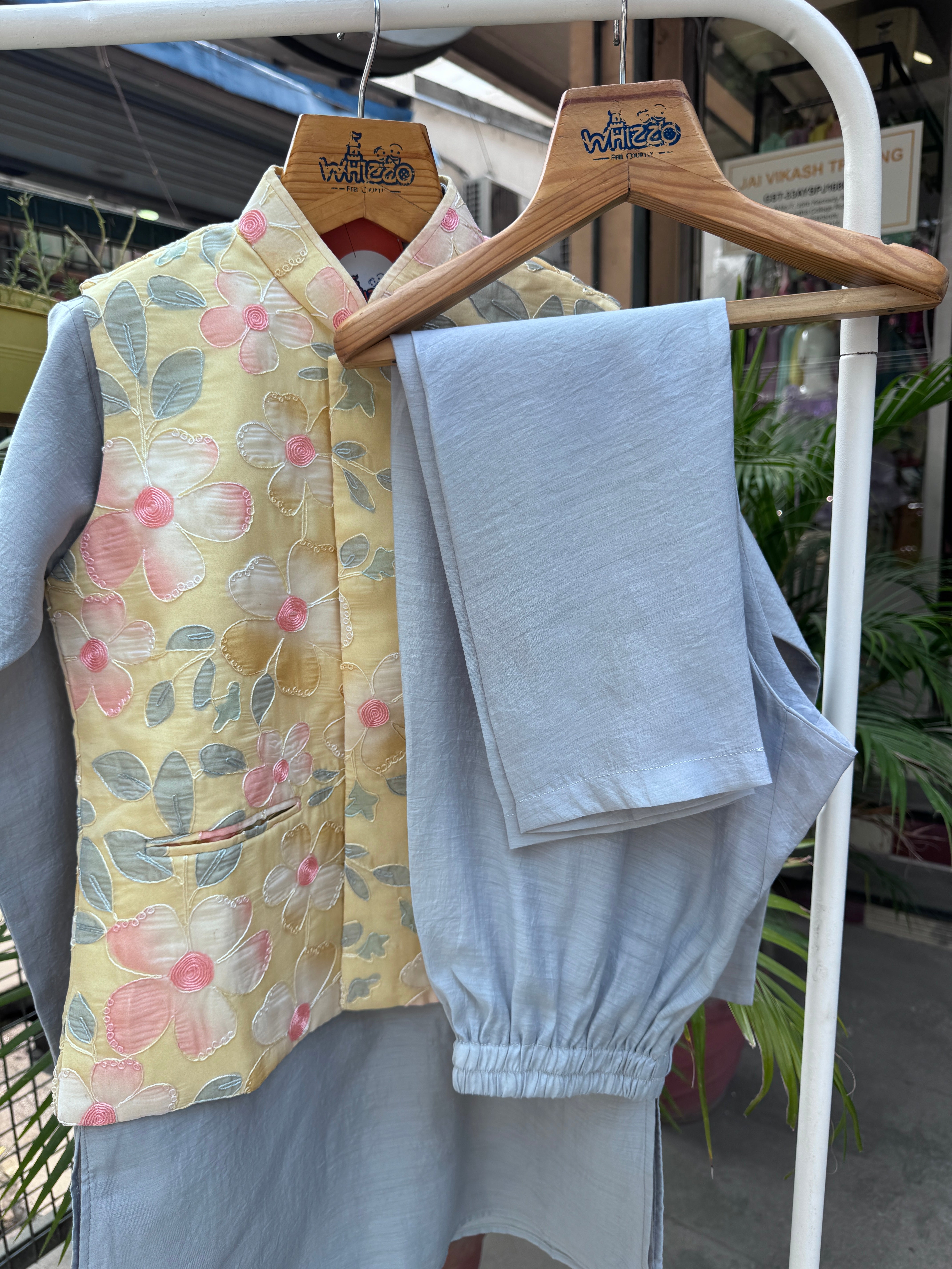 Pastel Yellow Floral Jacket Kurta Set for Boys (5–7 Years) | Soft Cotton-Lined Ethnic Outfit