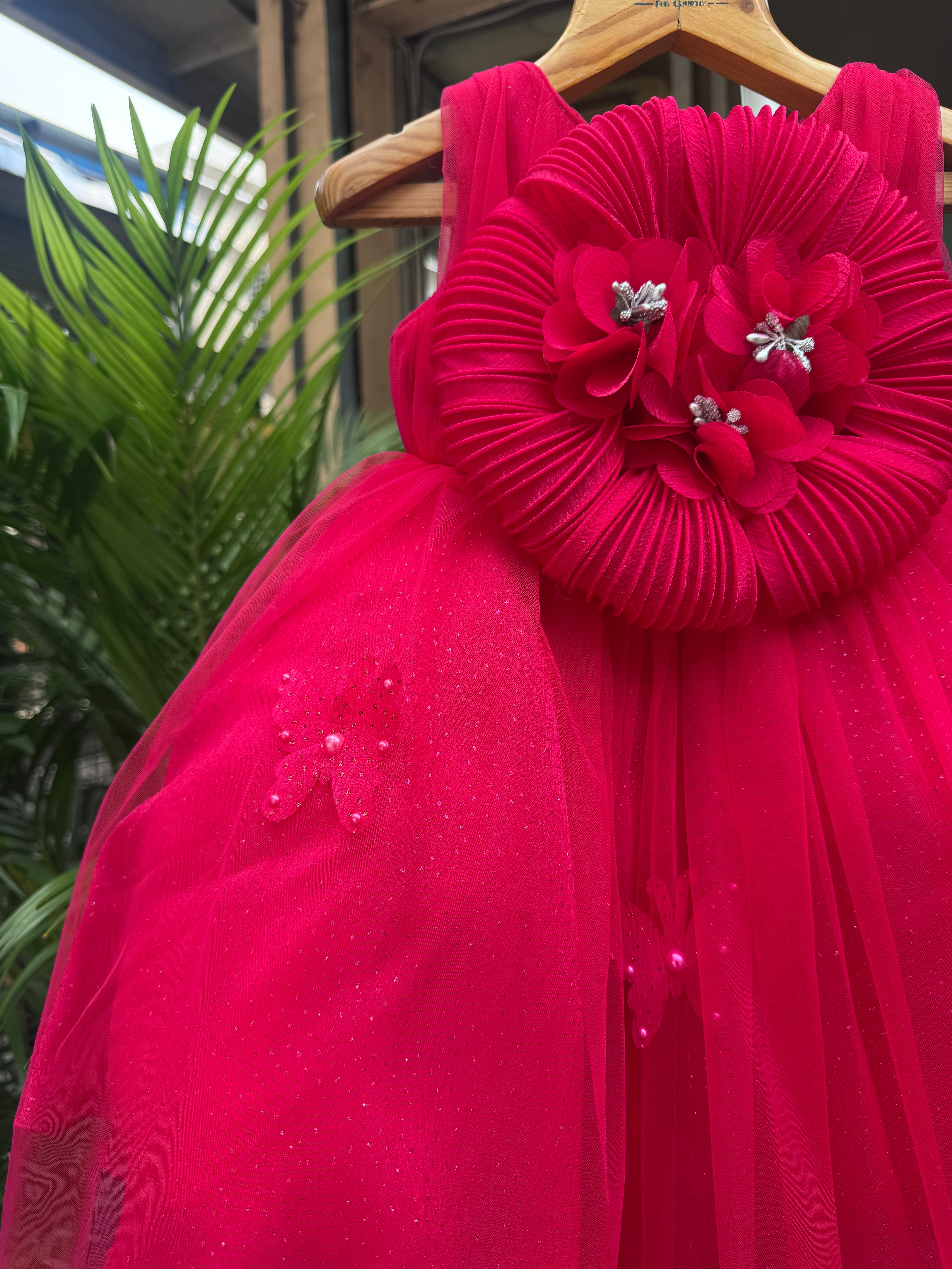 Hot Pink High–Low Tulle Party Frock with Oversized Floral Pleated Motif (1–4 Years)