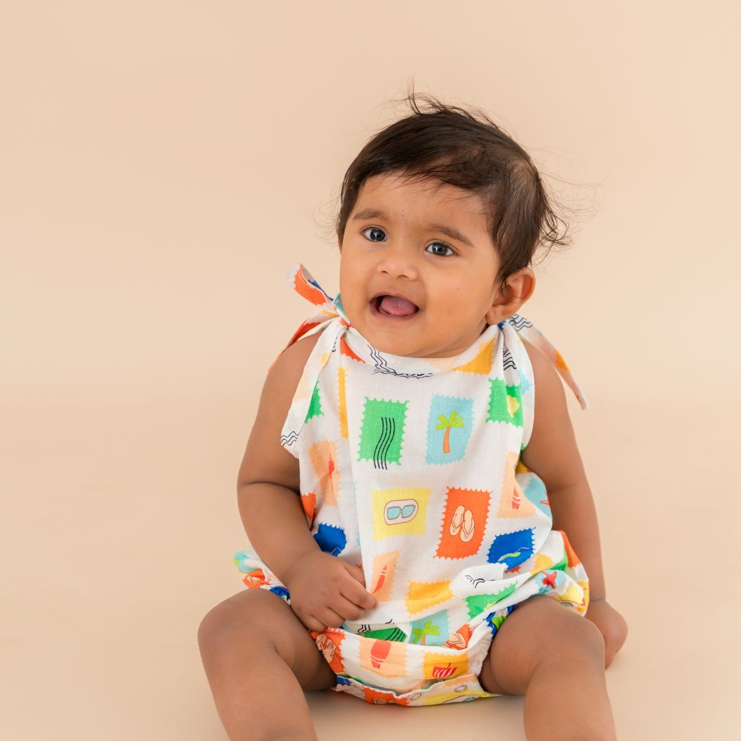 Citrus Splash - Mulmul Cotton Knot Type Romper