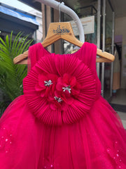 Hot Pink High–Low Tulle Party Frock with Oversized Floral Pleated Motif (1–4 Years)