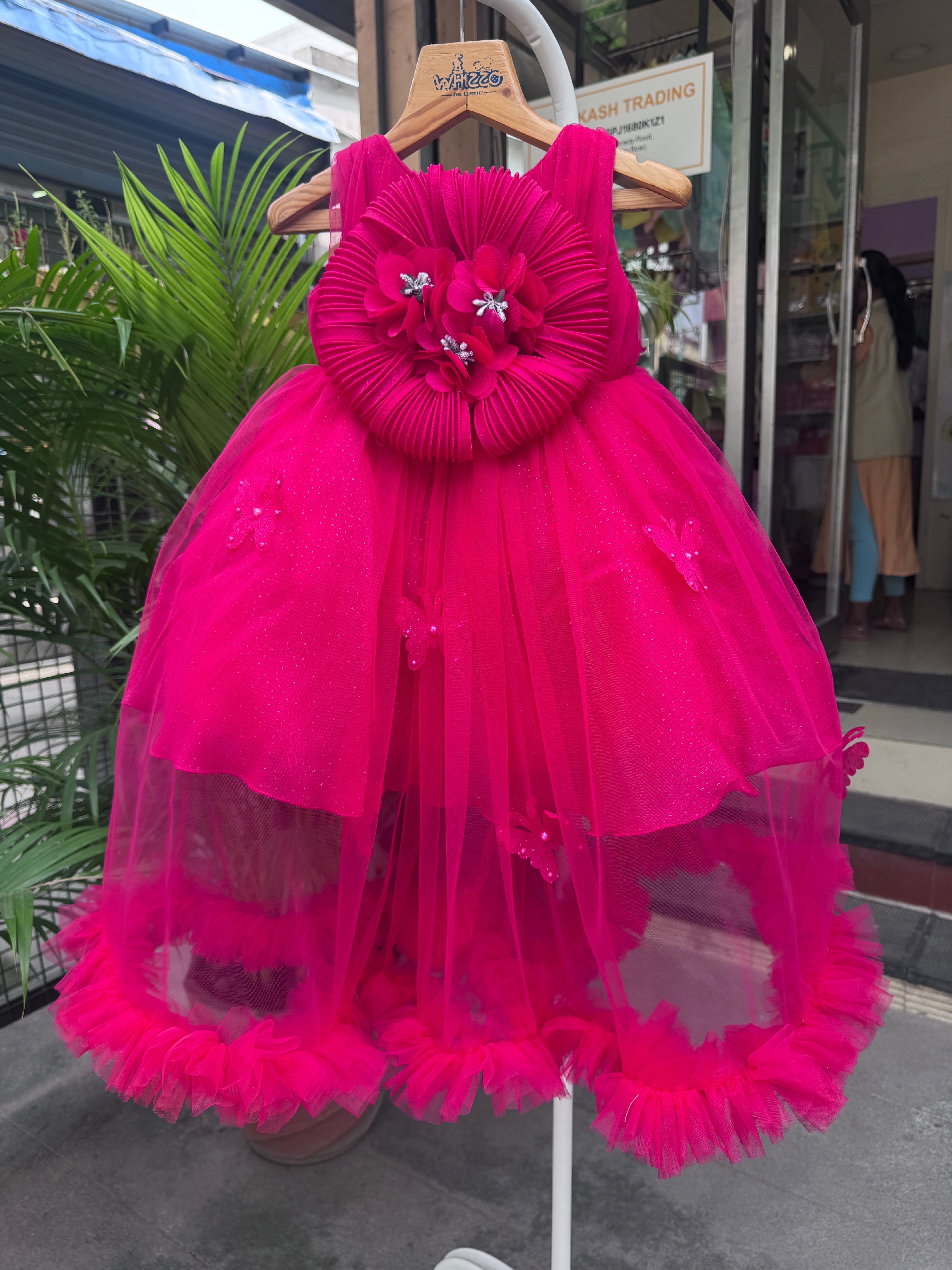 Hot Pink High–Low Tulle Party Frock with Oversized Floral Pleated Motif (1–4 Years)