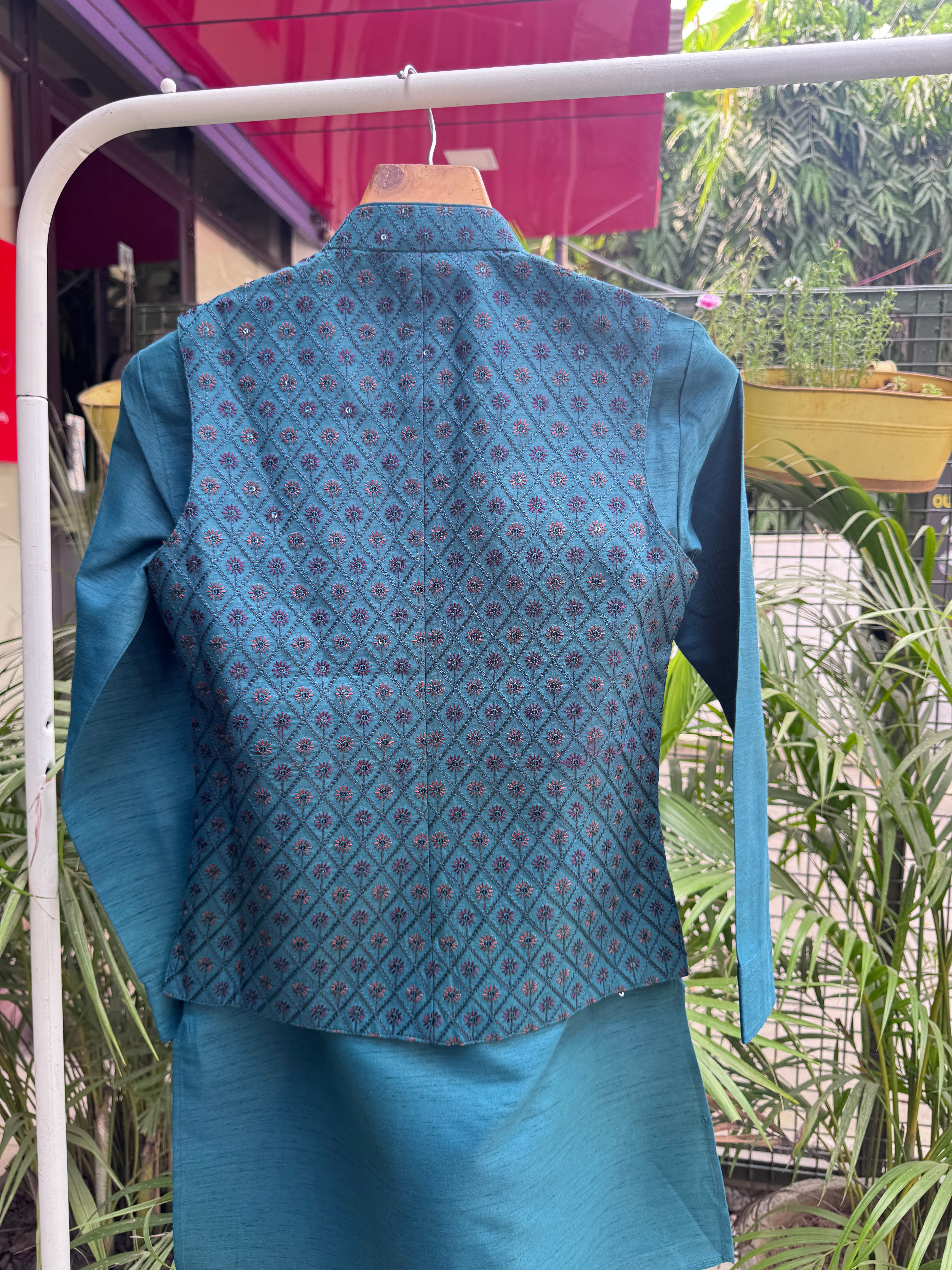 Boys Teal Blue Kurta Set with Brocade Nehru Jacket – Classic Festive & Wedding Wear with Cotton Lining (Age 1 to 7 Years)