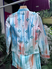 Boys Multi-Stripe Ikat Kurta Set with Mirror Embellished Nehru Jacket – Vibrant Festive Wear with Cotton Lining (Age 5 to 7 Years)