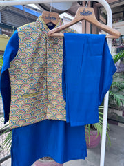 Royal Teal Kurta Set With Mustard Brocade Jacket – Cotton-Lined Festive Edition