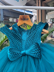 Teal Blue Premium Party Frock with Layered Tulle & Signature Bow (1–7 Years)