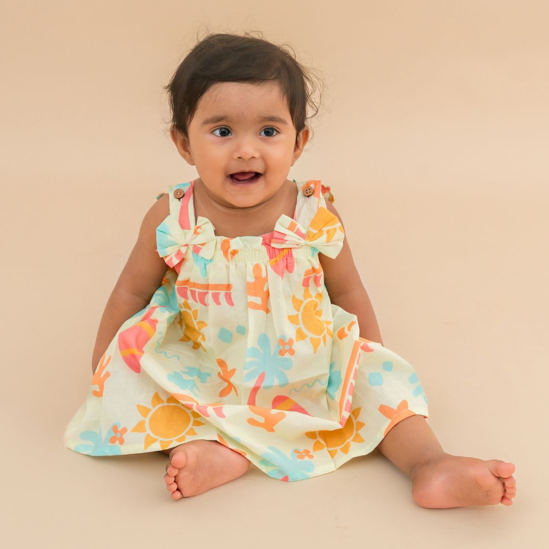 Breezy Leaf - Mulmul Cotton Sleeveless Bow Frock