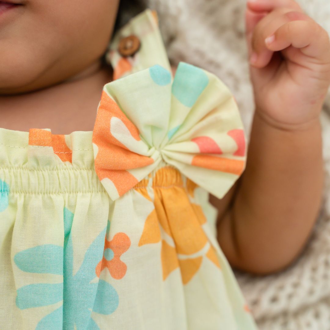 Breezy Leaf - Mulmul Cotton Sleeveless Bow Frock