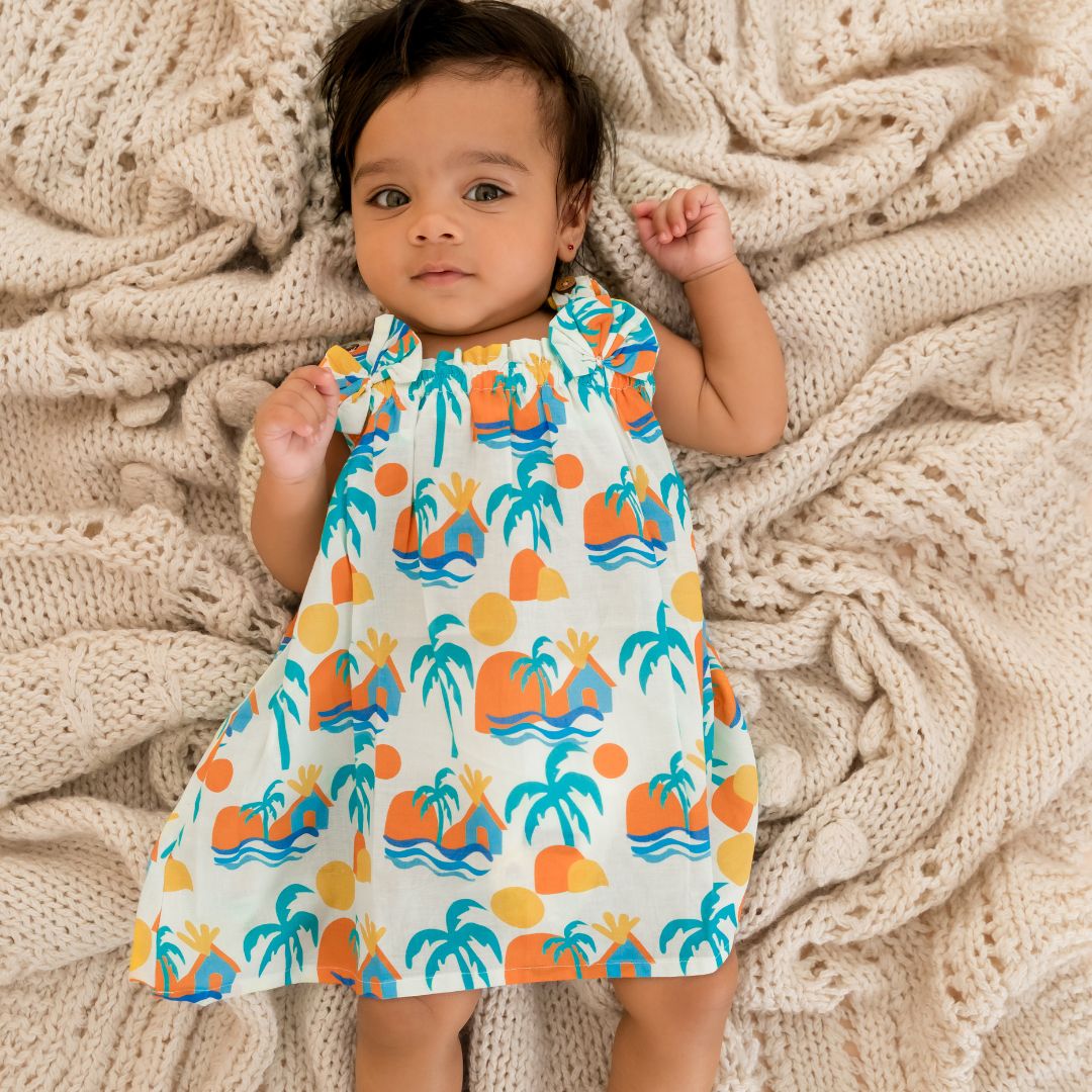 Citrus Splash - Mulmul Cotton Sleeveless Bow Frock