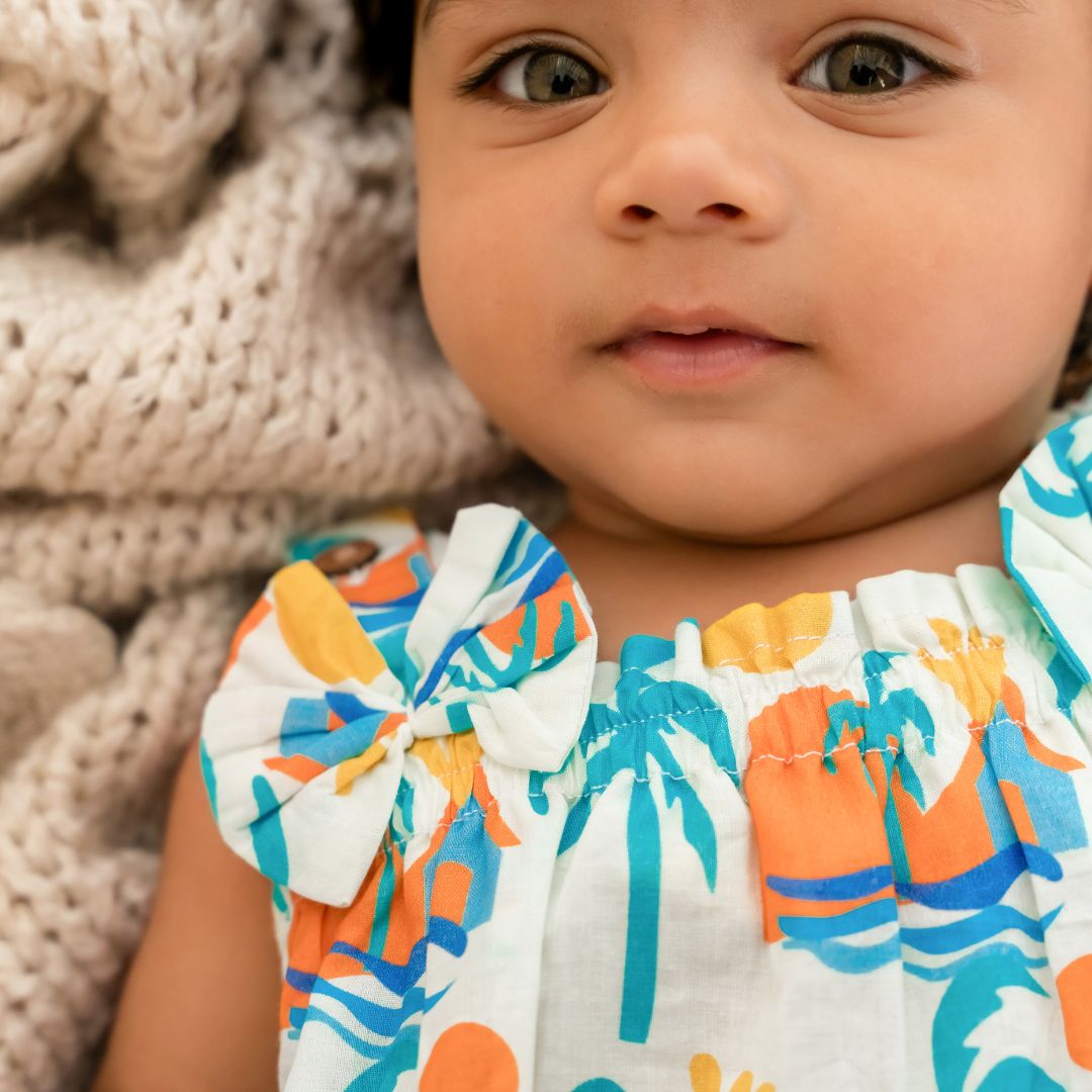 Breezy Leaf - Mulmul Cotton Sleeveless Bow Frock