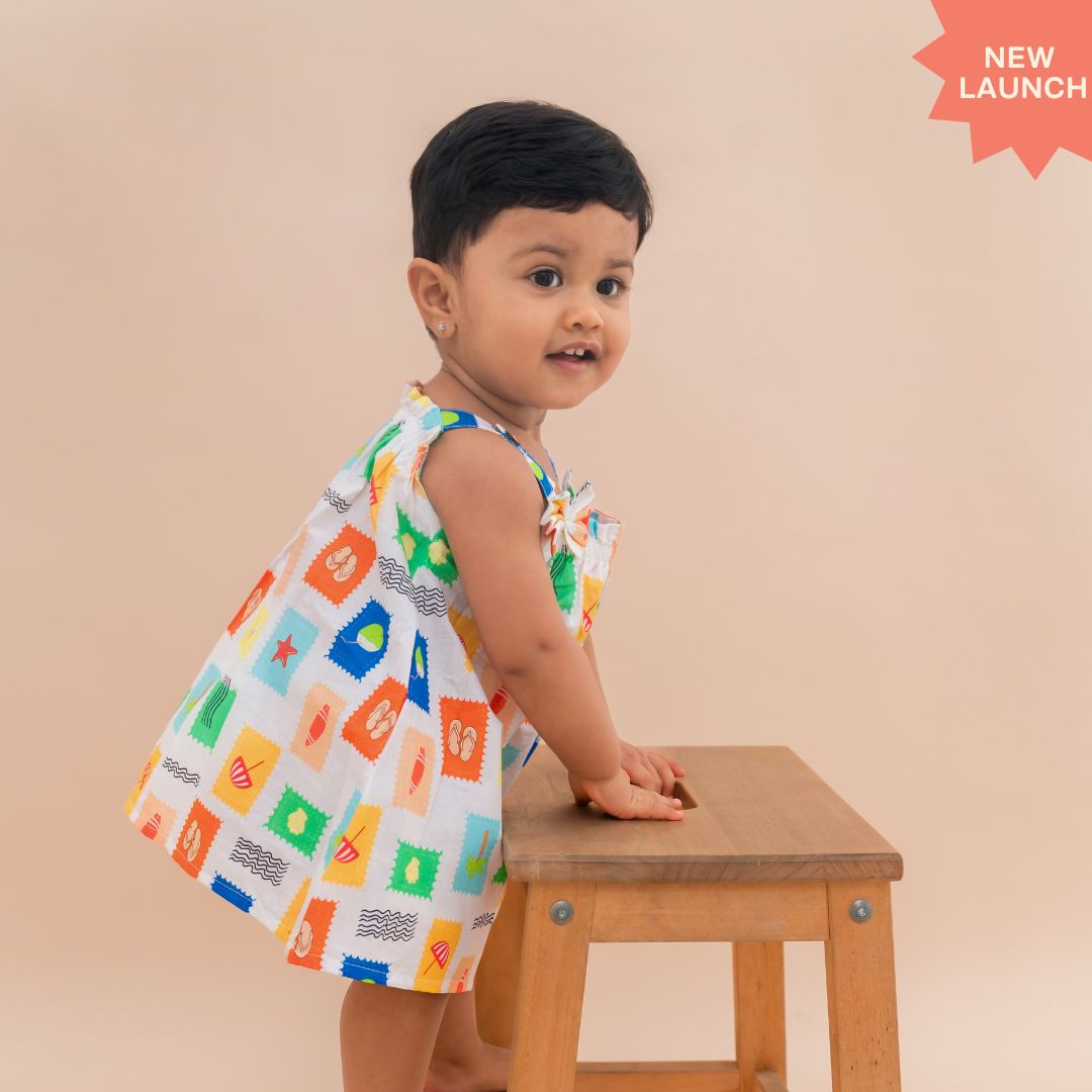 Citrus Splash - Mulmul Cotton Sleeveless Bow Frock