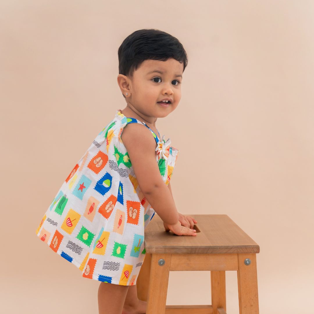 Citrus Splash - Mulmul Cotton Sleeveless Bow Frock
