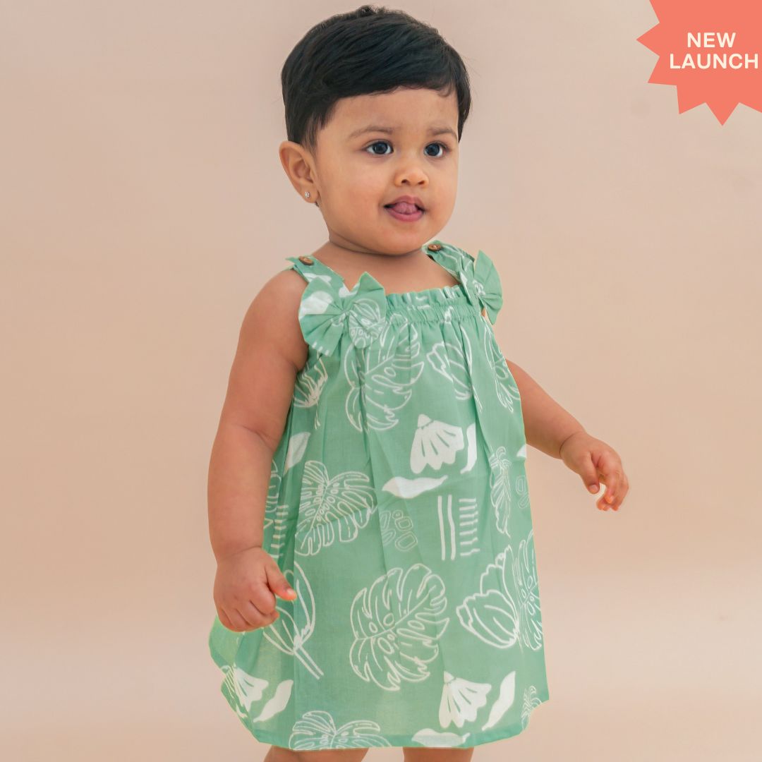 Citrus Splash - Mulmul Cotton Sleeveless Bow Frock