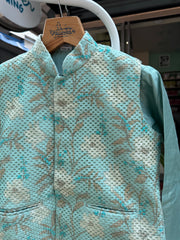 Boys Mint Green Embroidered Jacket Kurta Set With Cotton Lining – Festive Premium Outfit (Age 5–7 Years)