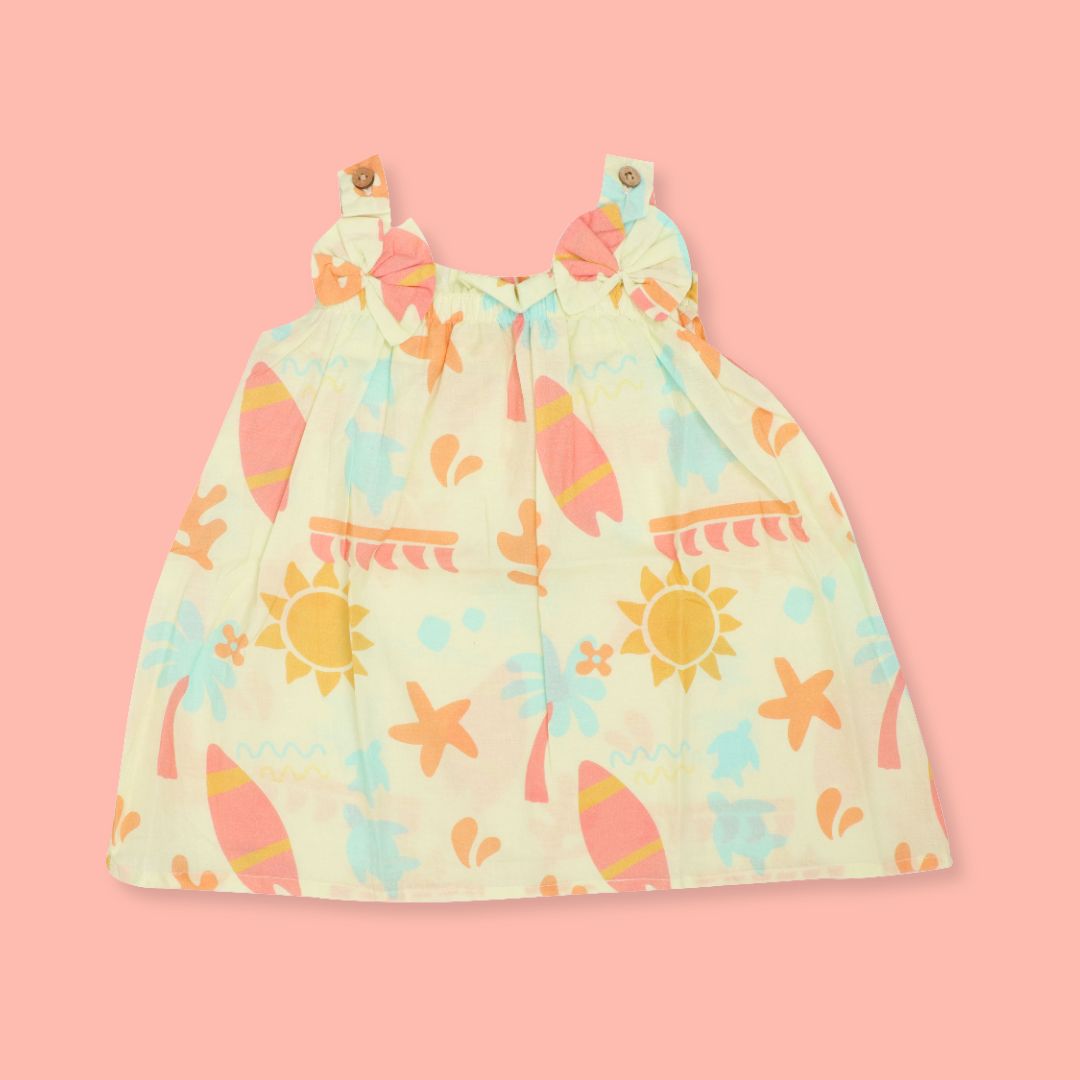 Citrus Splash - Mulmul Cotton Sleeveless Bow Frock