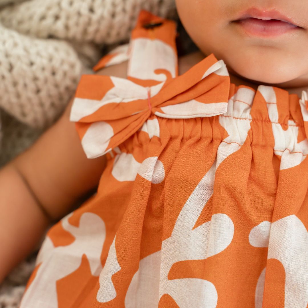 Citrus Splash - Mulmul Cotton Sleeveless Bow Frock