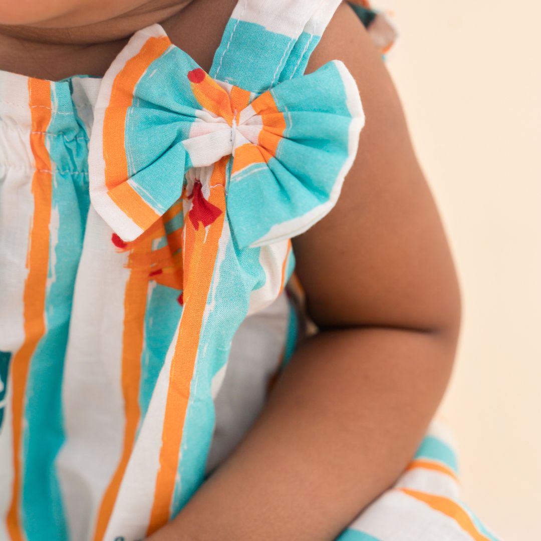 Citrus Splash - Mulmul Cotton Sleeveless Bow Frock
