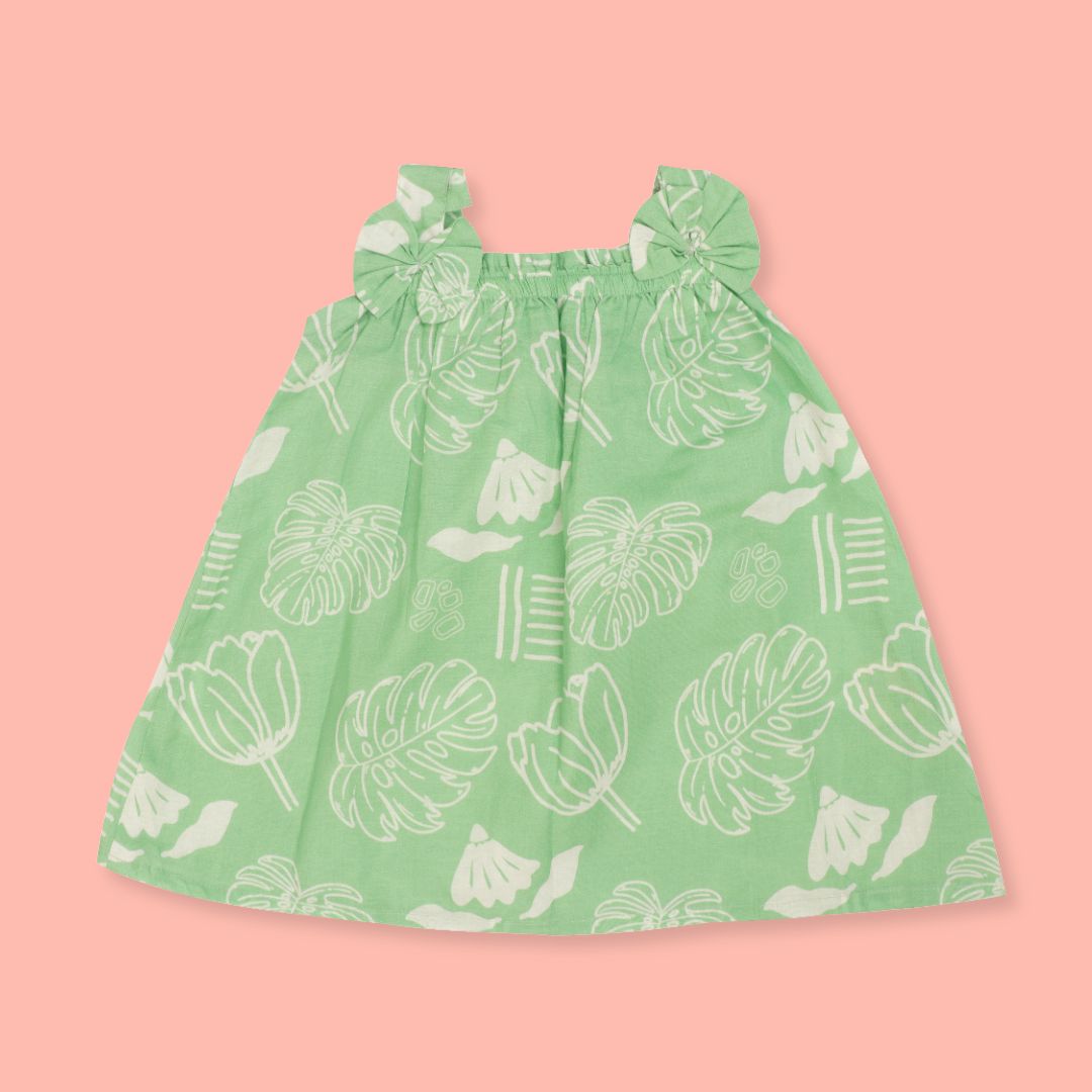 Breezy Leaf - Mulmul Cotton Sleeveless Bow Frock