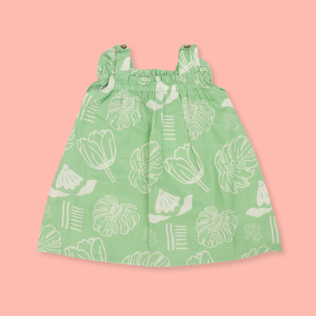 Breezy Leaf - Mulmul Cotton Sleeveless Bow Frock