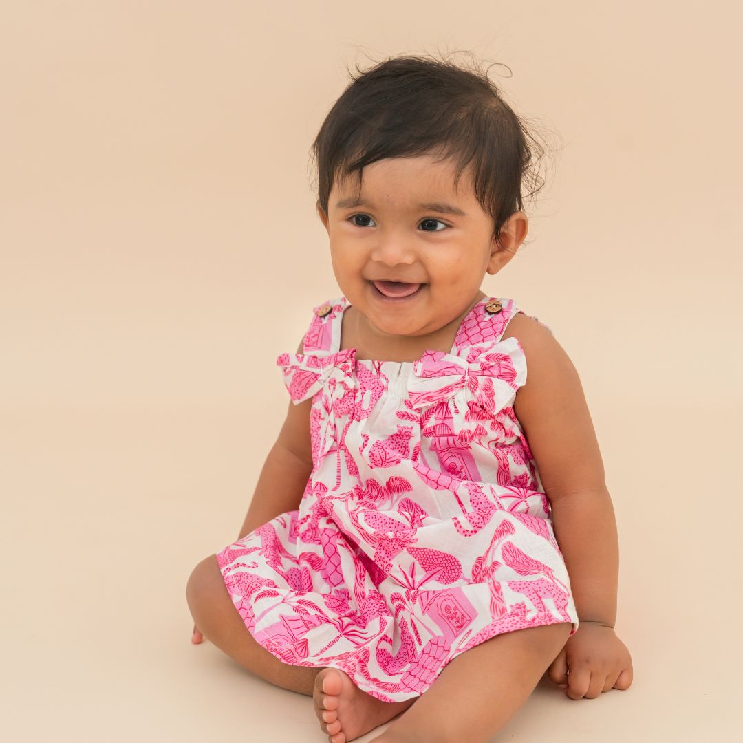 Citrus Splash - Mulmul Cotton Sleeveless Bow Frock