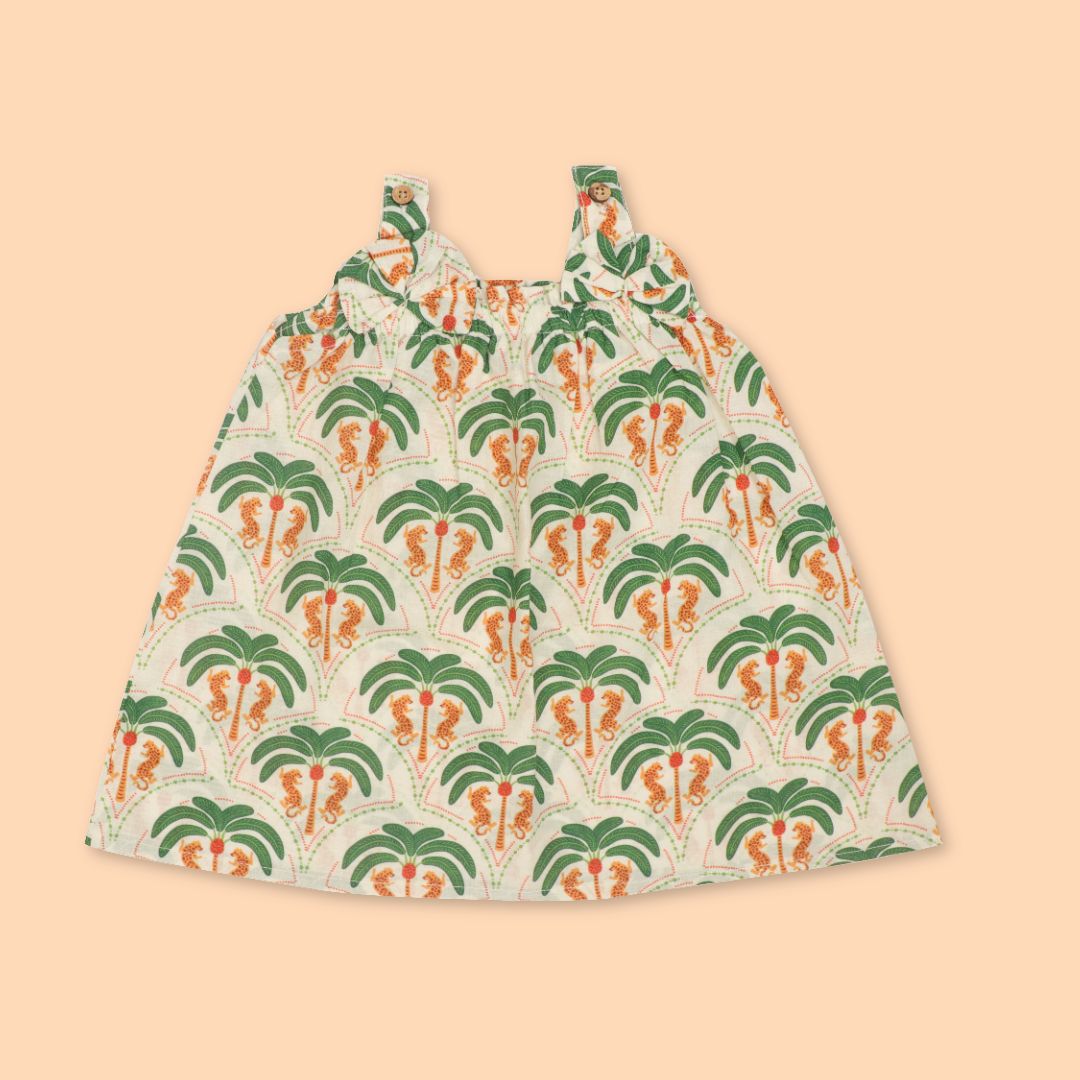 Breezy Leaf - Mulmul Cotton Sleeveless Bow Frock