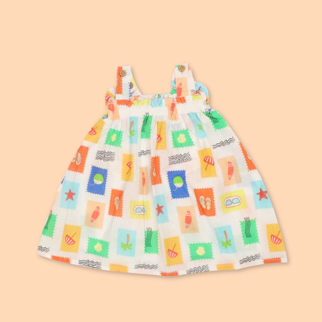 Citrus Splash - Mulmul Cotton Sleeveless Bow Frock