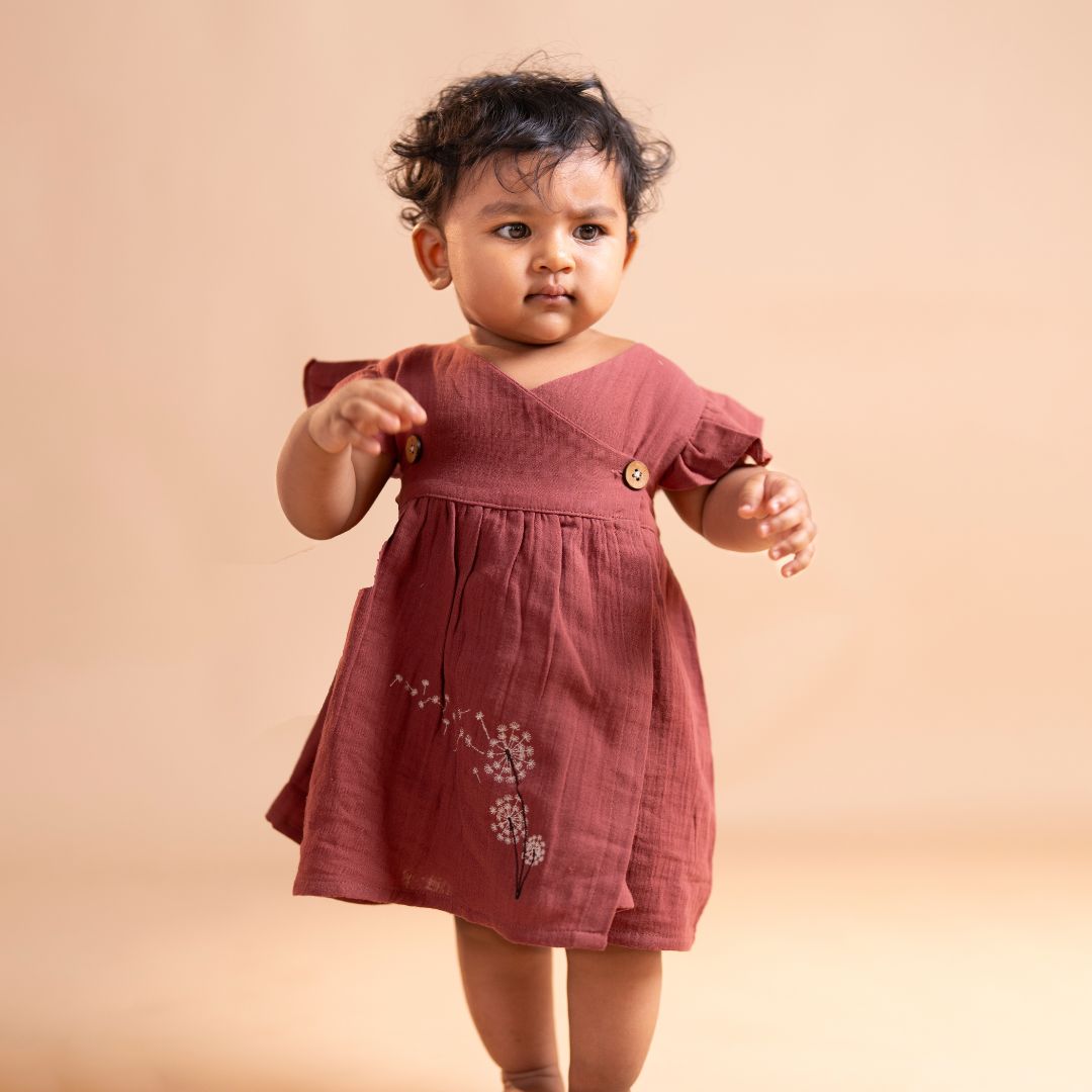 Brick Red - Muslin Dandelions Frill Frock