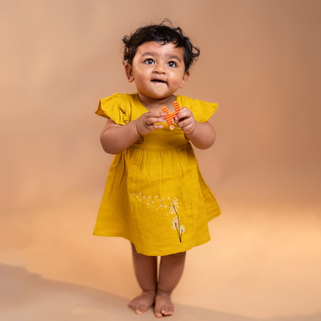 Toffee Brown - Muslin Dandelions Frill Frock