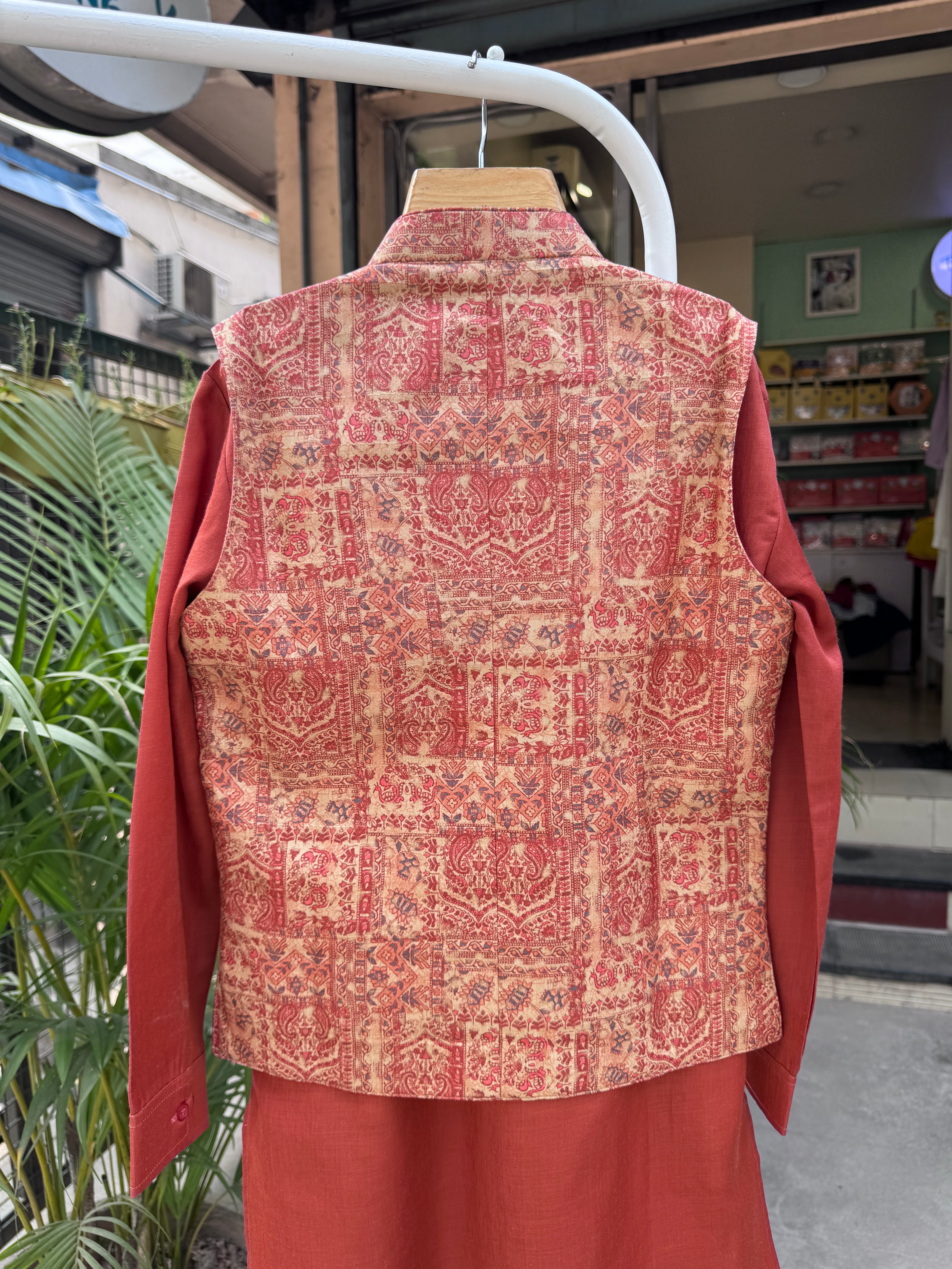 Boys Terracotta Kurta Set with Beige Brocade Nehru Jacket – Elegant Festive & Wedding Outfit (Age 5 to 7 Years)