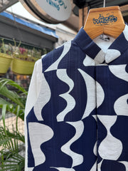 Boys Navy & Ivory Abstract Print Jacket Kurta Set with Cotton Lining – Premium Festive Wear (5–7 Years)