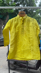 Boys Bright Yellow Thread-Embroidered Kurta Set With Cotton Lining – Festive Haldi & Celebration Wear (1–7 Years)