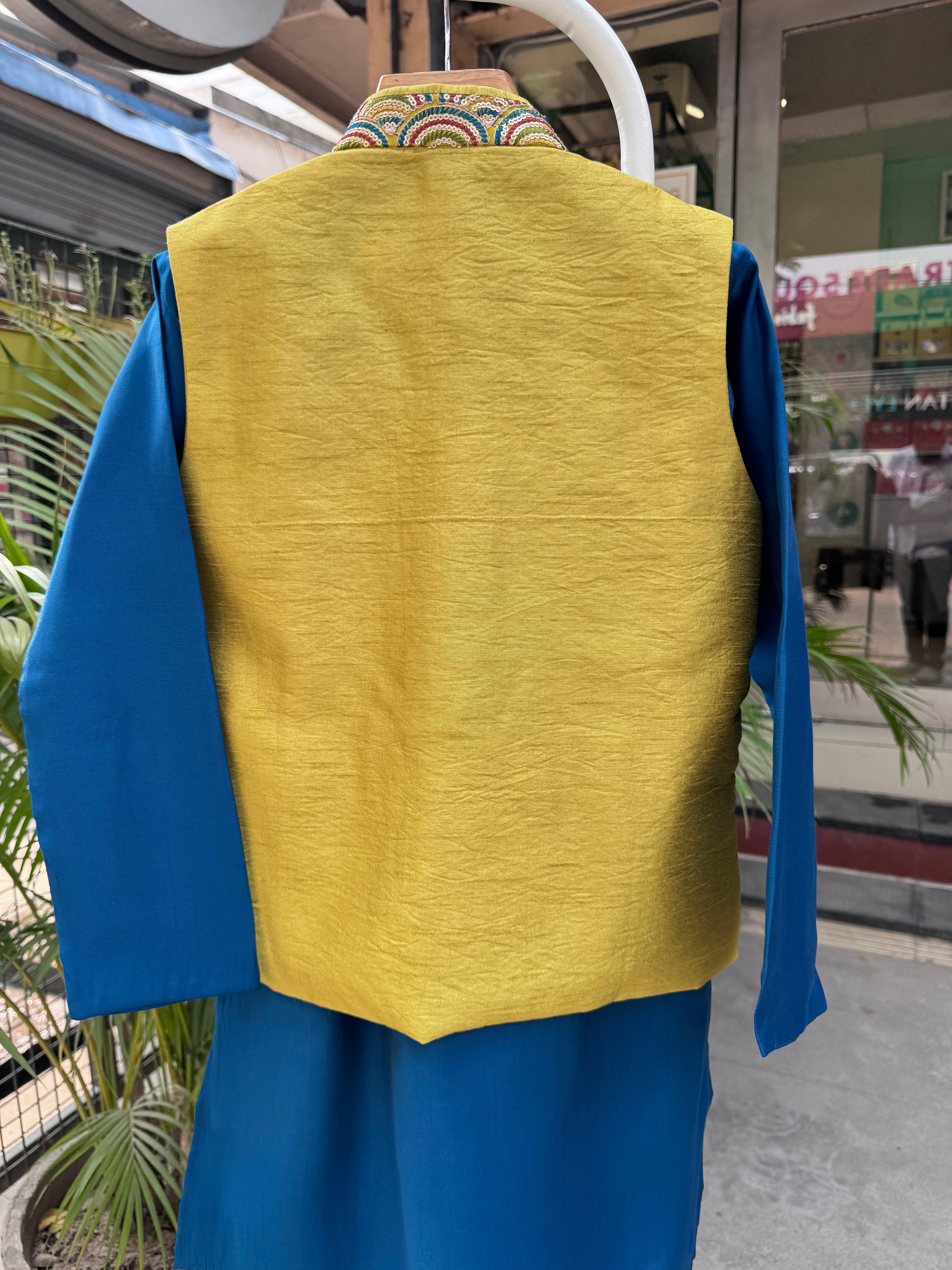 Royal Teal Kurta Set With Mustard Brocade Jacket – Cotton-Lined Festive Edition