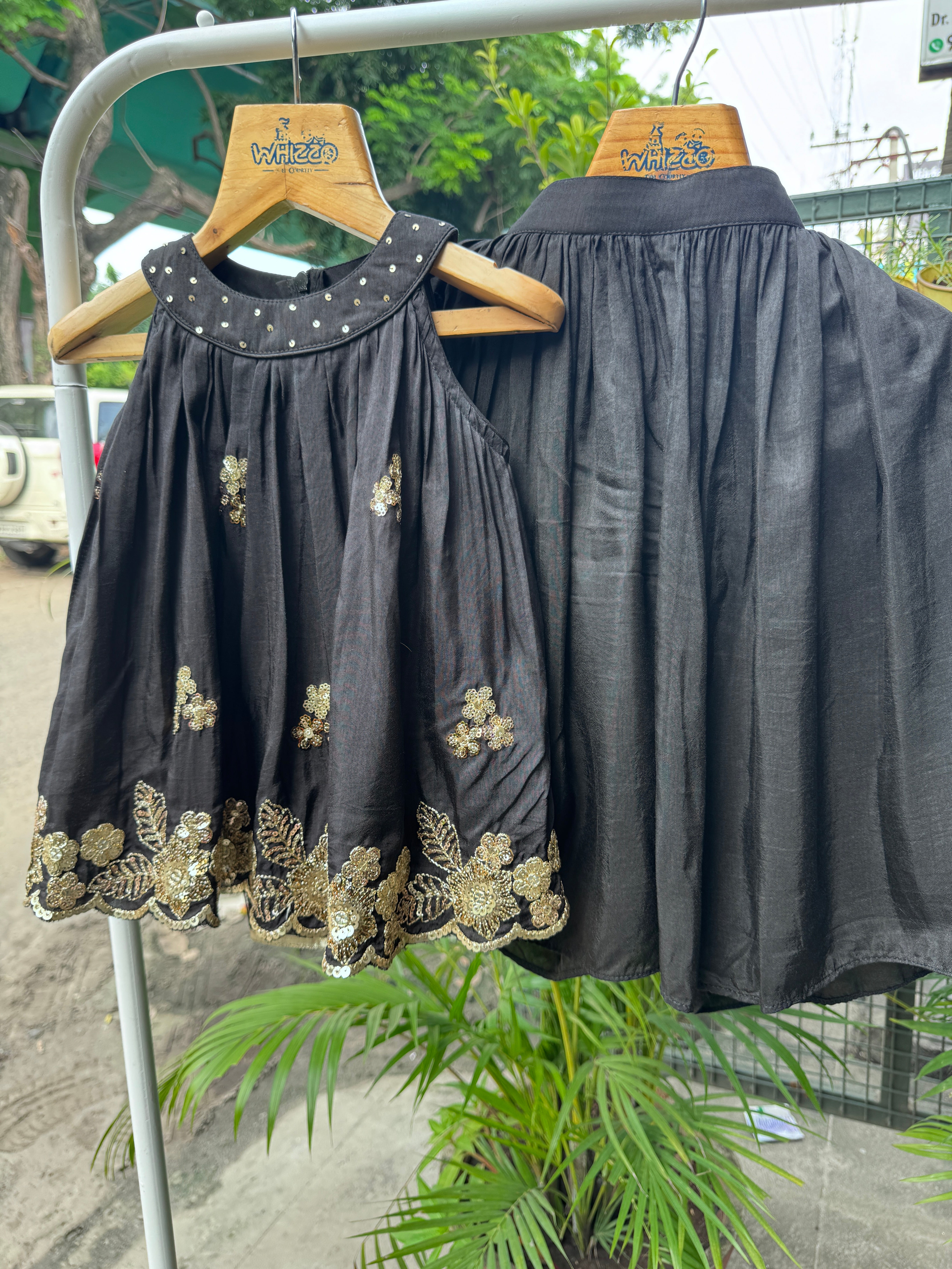 Designer Black Palazzo Set with Golden Floral Embroidered Kurta Top & Flowing Pleated Pants – Elegant Ethnic & Party Wear Outfit for Baby Girls and Kids (Age 1 – 6 Years) | WHIZZO Kids