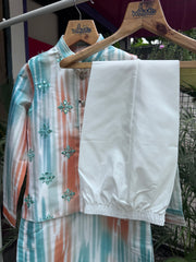 Boys Multi-Stripe Ikat Kurta Set with Mirror Embellished Nehru Jacket – Vibrant Festive Wear with Cotton Lining (Age 5 to 7 Years)