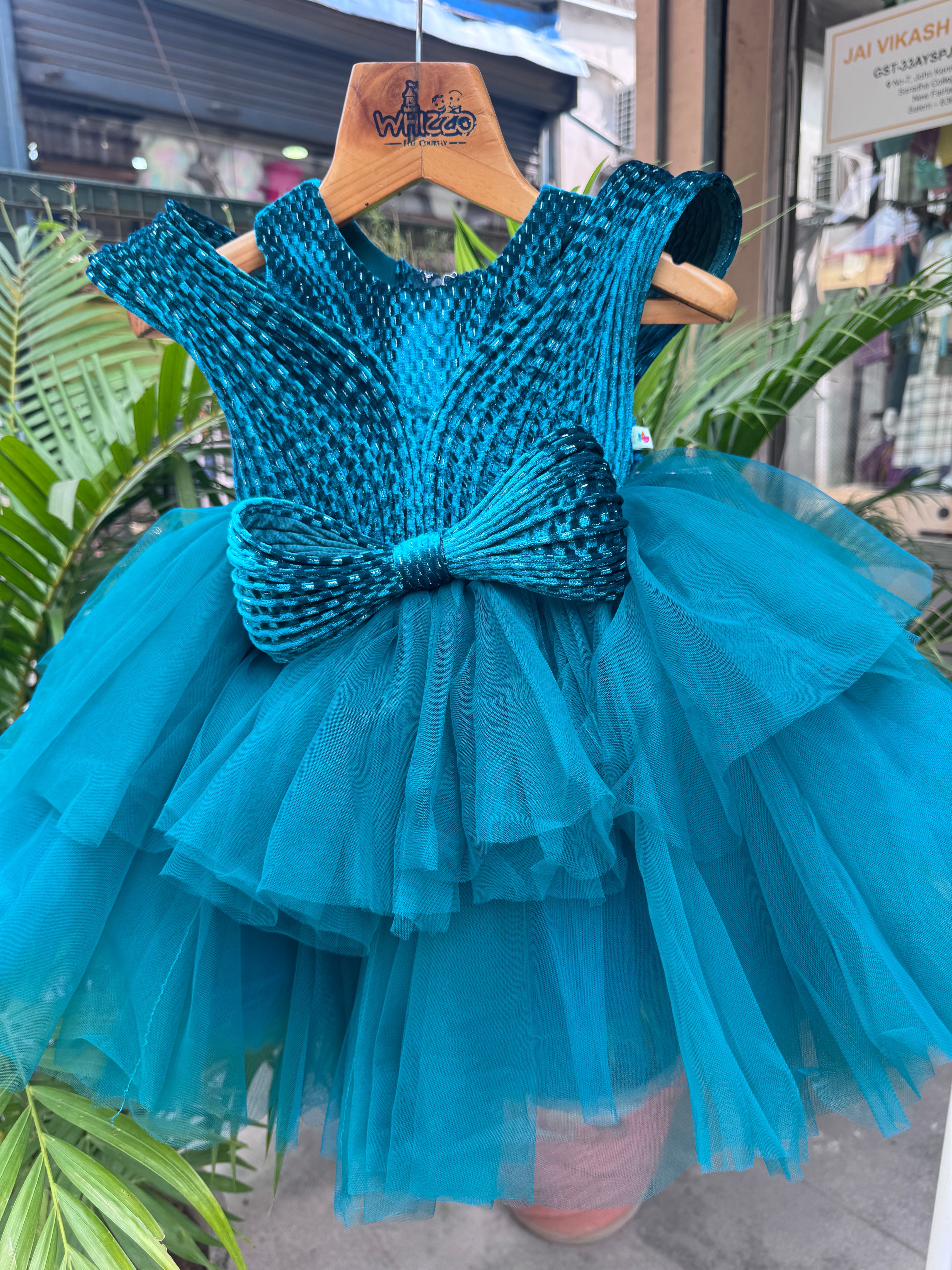 Teal Blue Premium Party Frock with Layered Tulle & Signature Bow (1–7 Years)