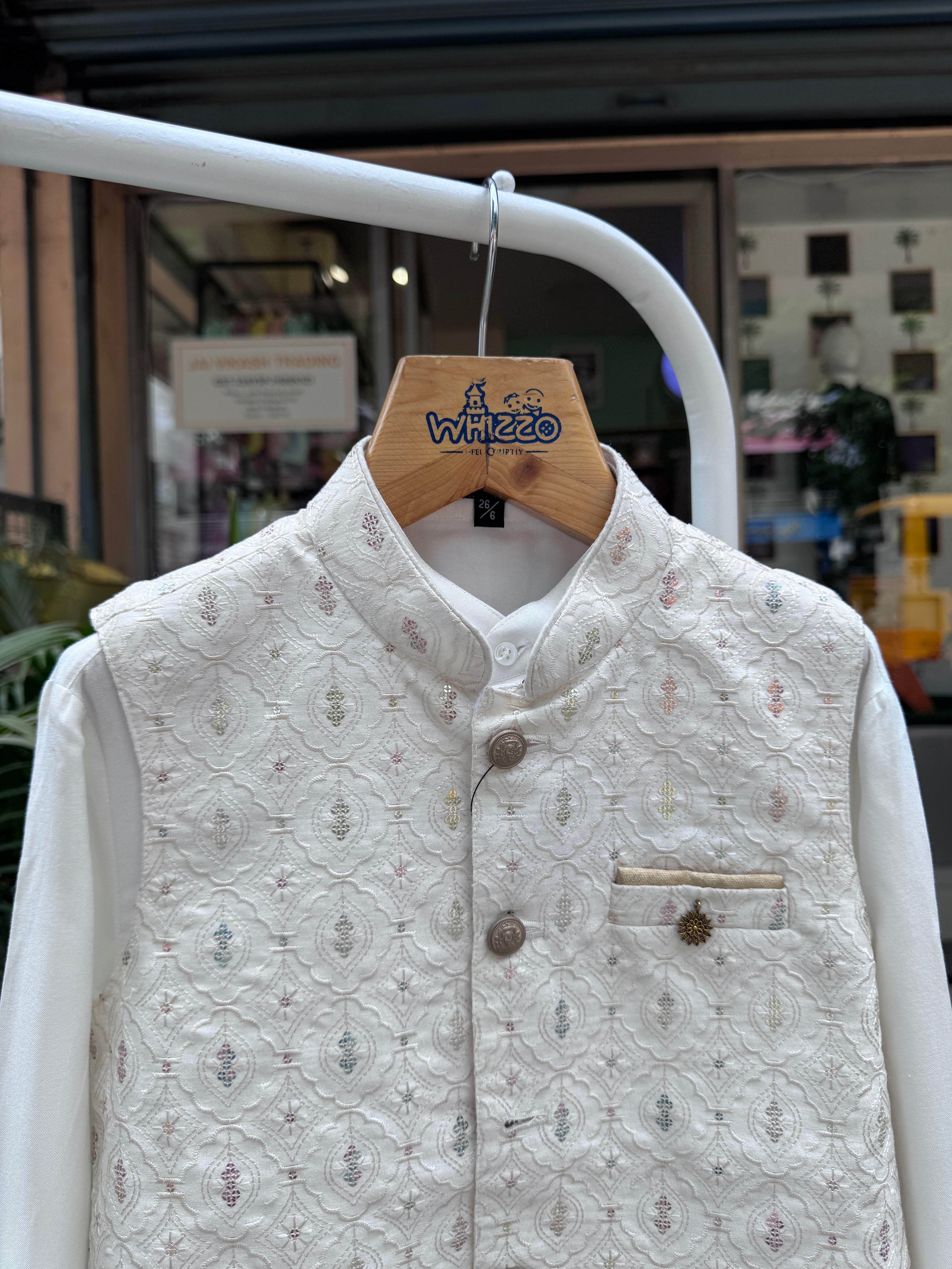 Boys Ivory Kurta Set With Cream Gold Embroidered Jacket – Cotton-Lined Royal Festive Outfit (Age 5–7 Years)