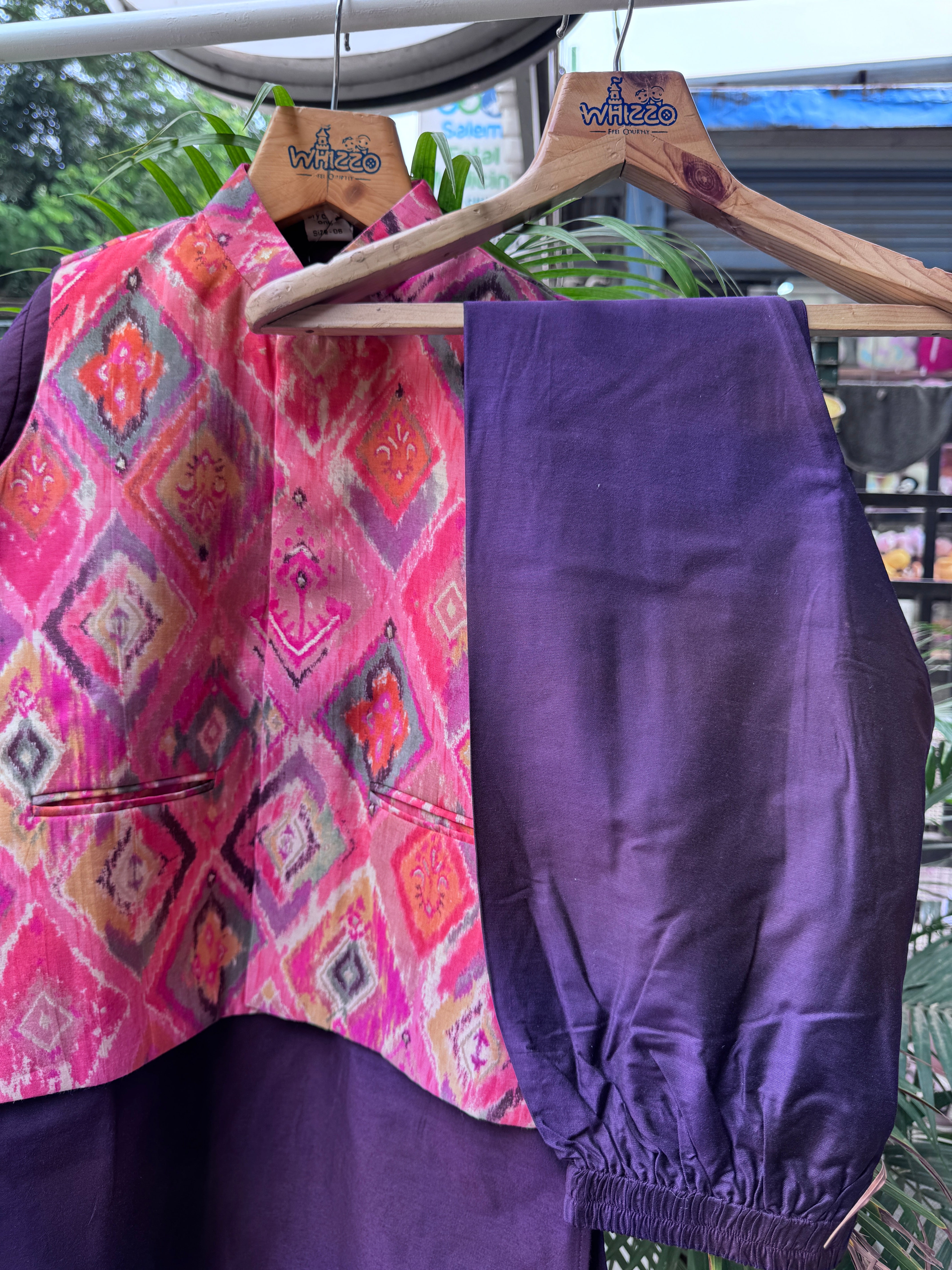 Boys Purple Kurta Set with Multicolor Ikat Print Nehru Jacket – Vibrant Festive & Party Wear (Age 5 to 7 Years)