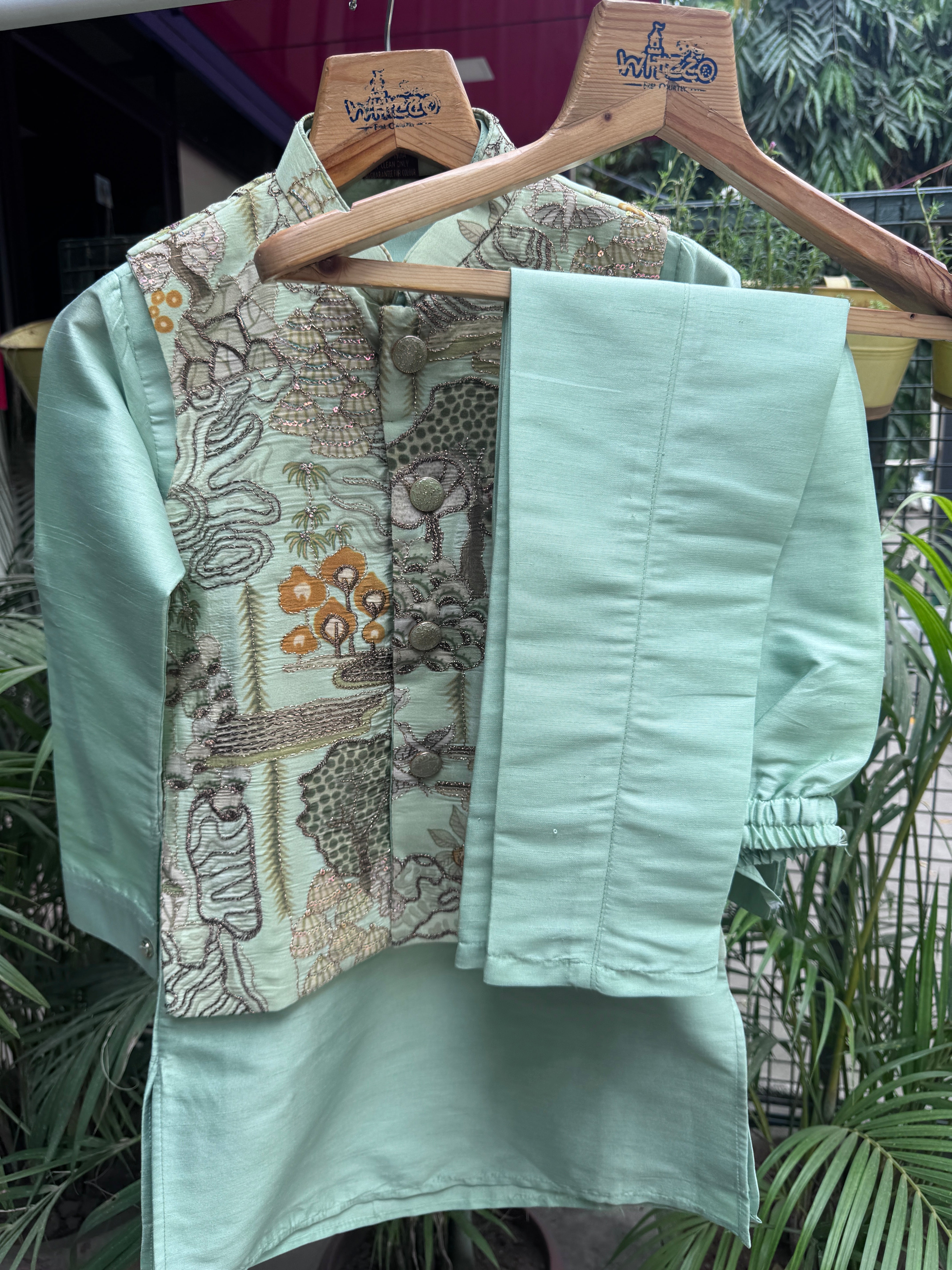 Boys Mint Green Kurta Set with Embroidered Elephant Print Nehru Jacket – Premium Festive Outfit with Cotton Lining (Age 1 to 7 Years)
