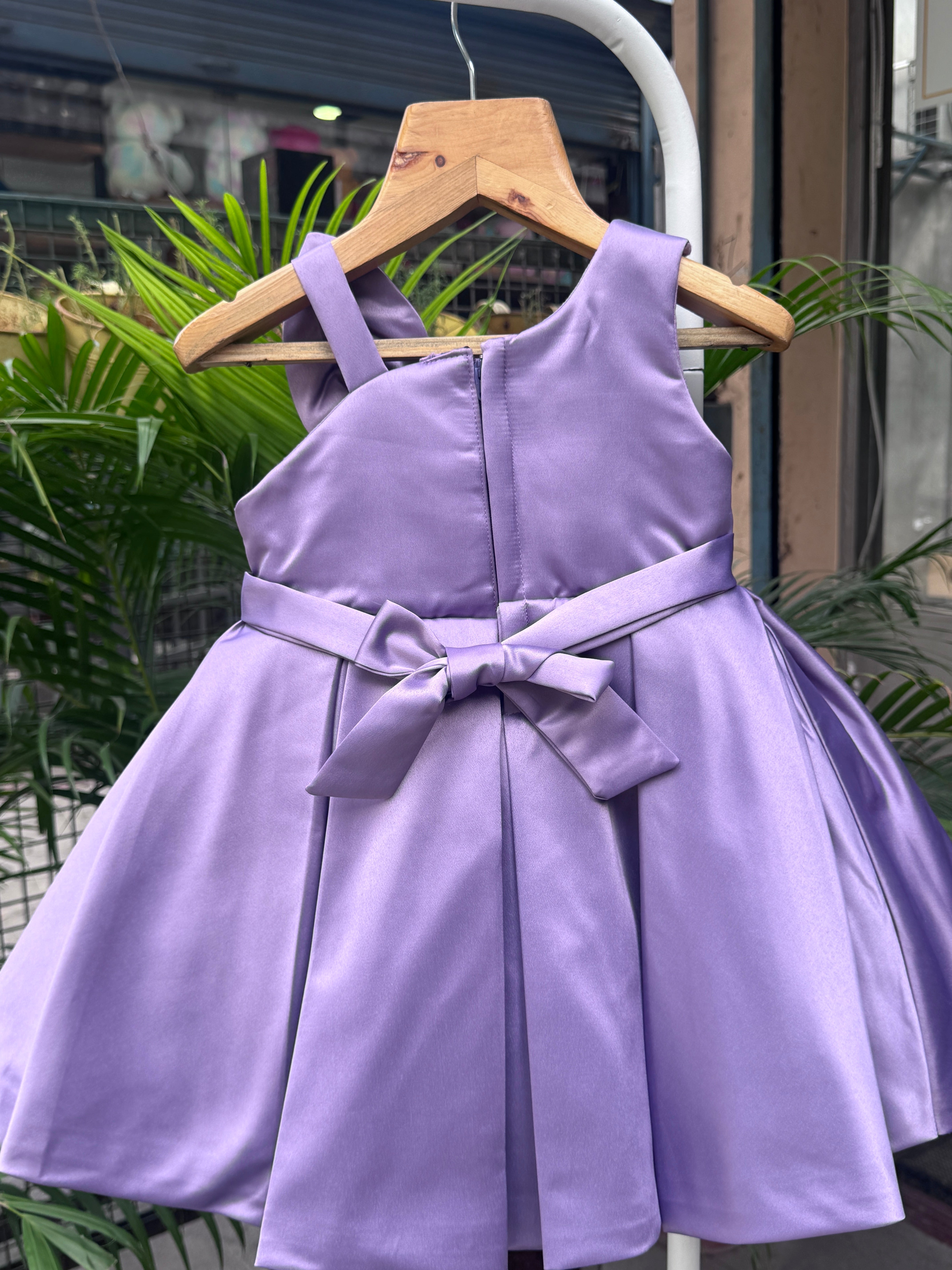 Lavender Satin Party Frock with 3D Oversized Floral Bow Motif (1–4 Years)