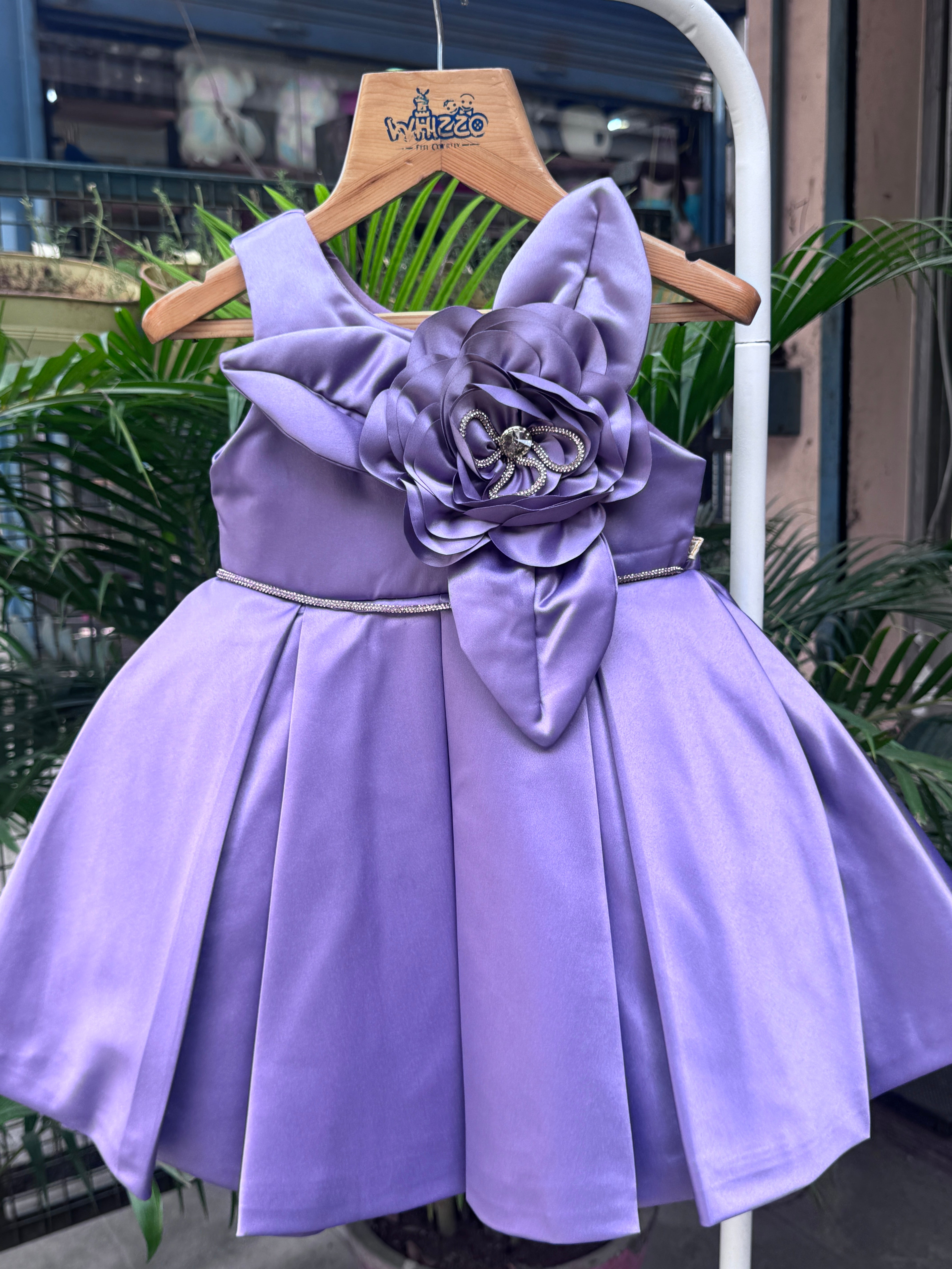 Lavender Satin Party Frock with 3D Oversized Floral Bow Motif (1–4 Years)