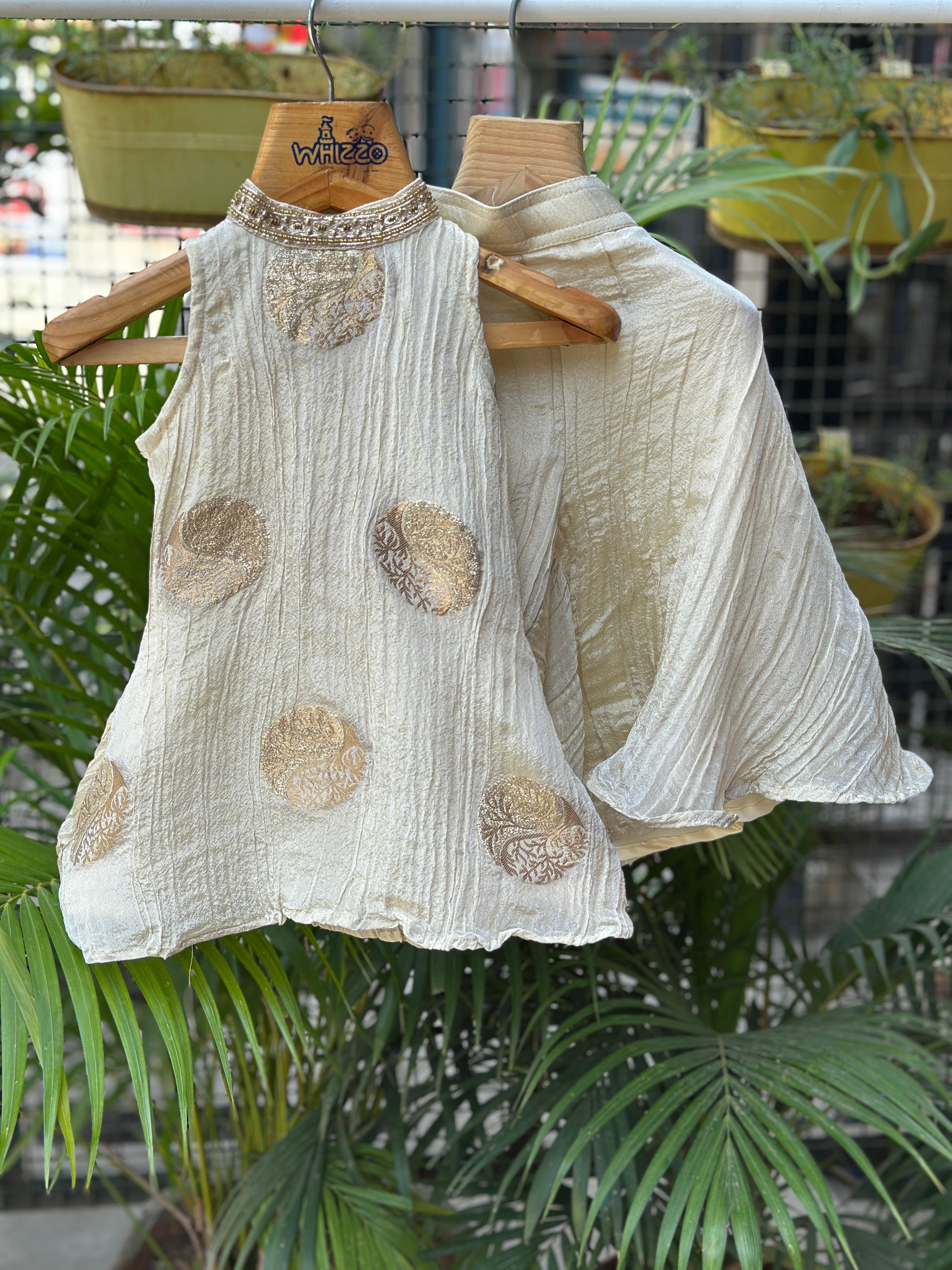 Cream Gold Crushed Silk Halter Top with Flared Gharara Pants – Elegant Festive Wear for Baby & Toddler Girls | 1 to 5 Years