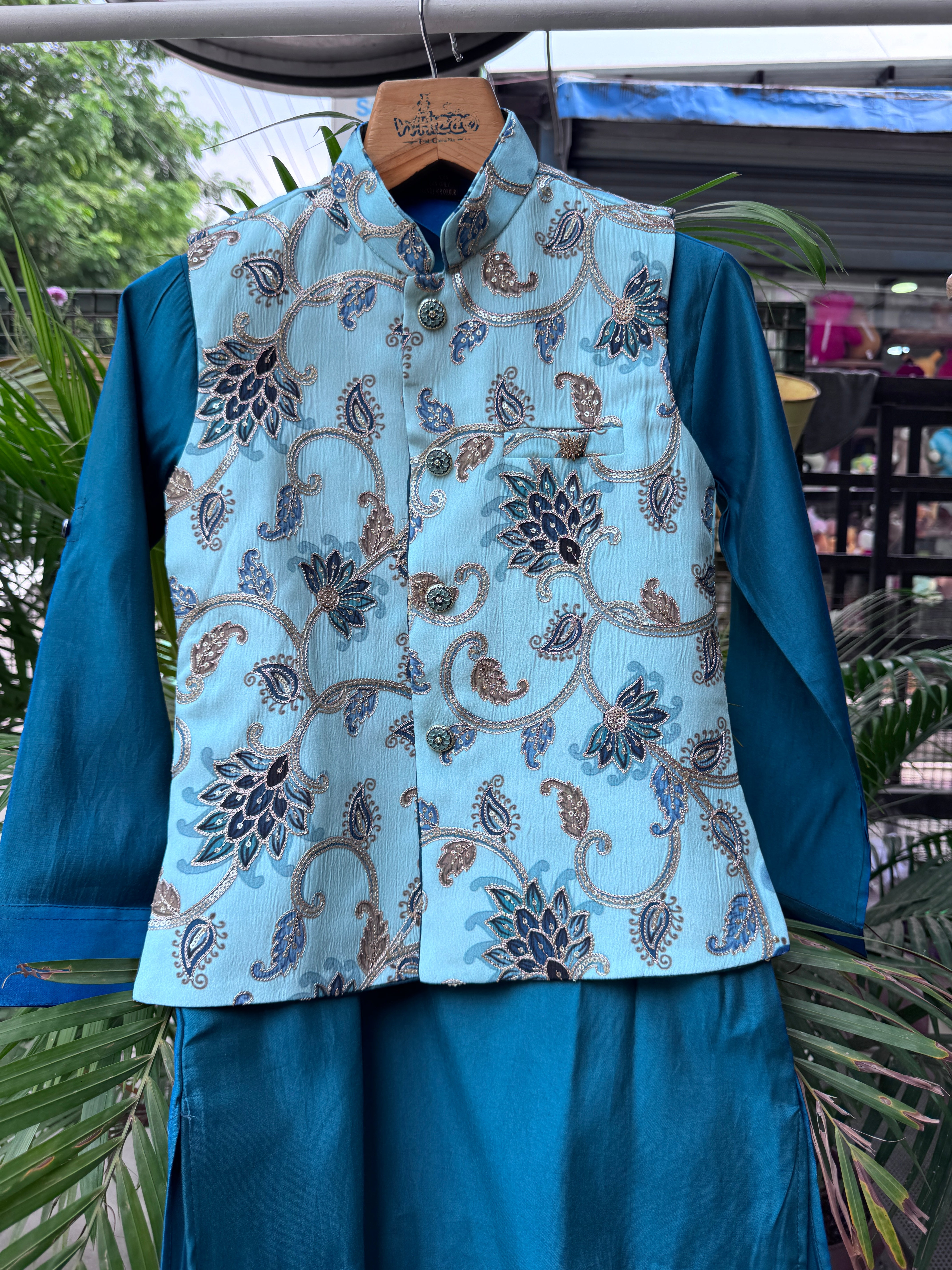 Boys Teal Blue Kurta Set with Light Blue Paisley Nehru Jacket – Stylish Festive & Party Wear (Age 5 to 7 Years)