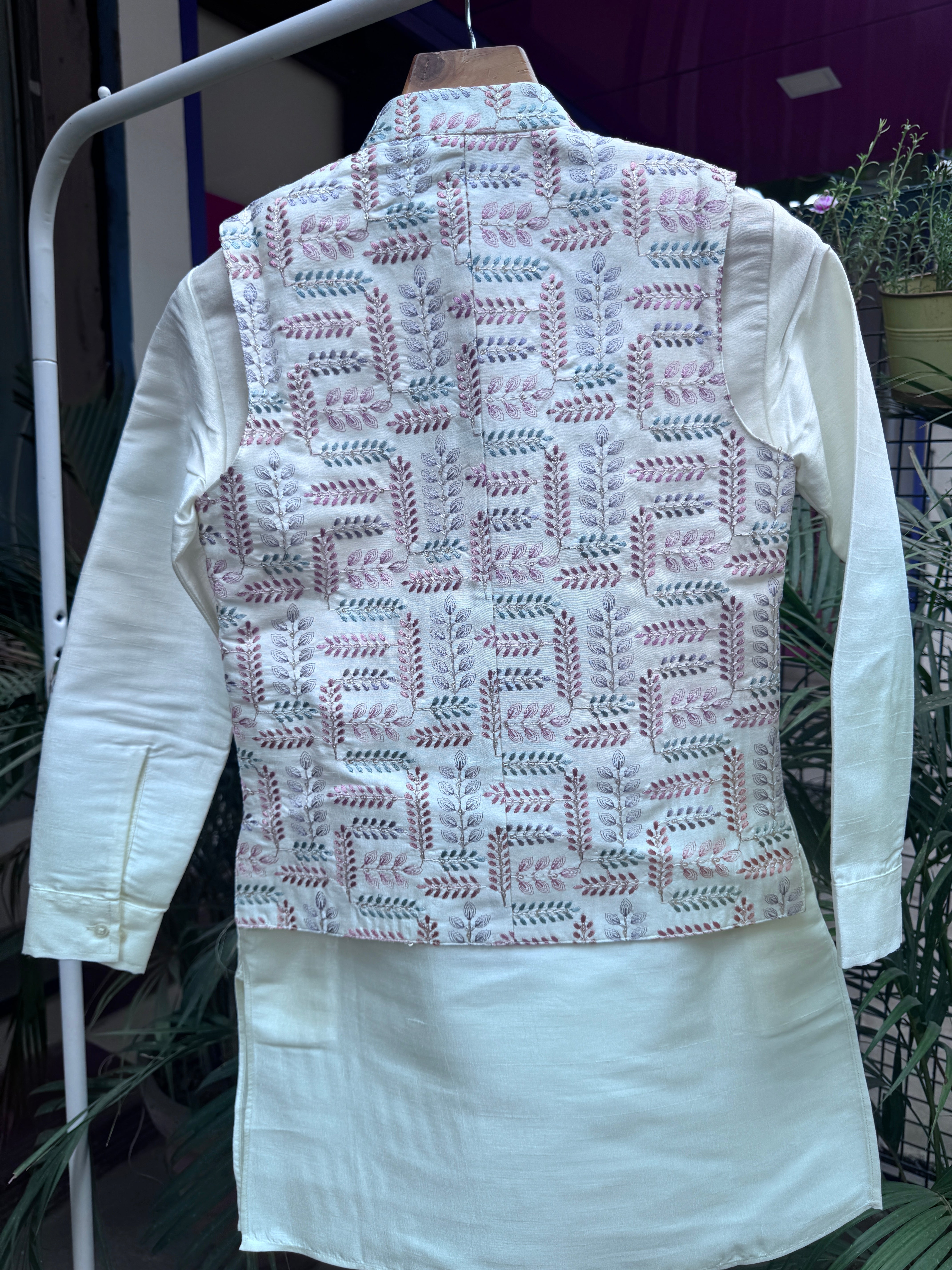 Cream Boys Jacket Kurta Set with Multicolour Leaf Embroidered Nehru Jacket | Cotton Lining | Ages 5–7 Years