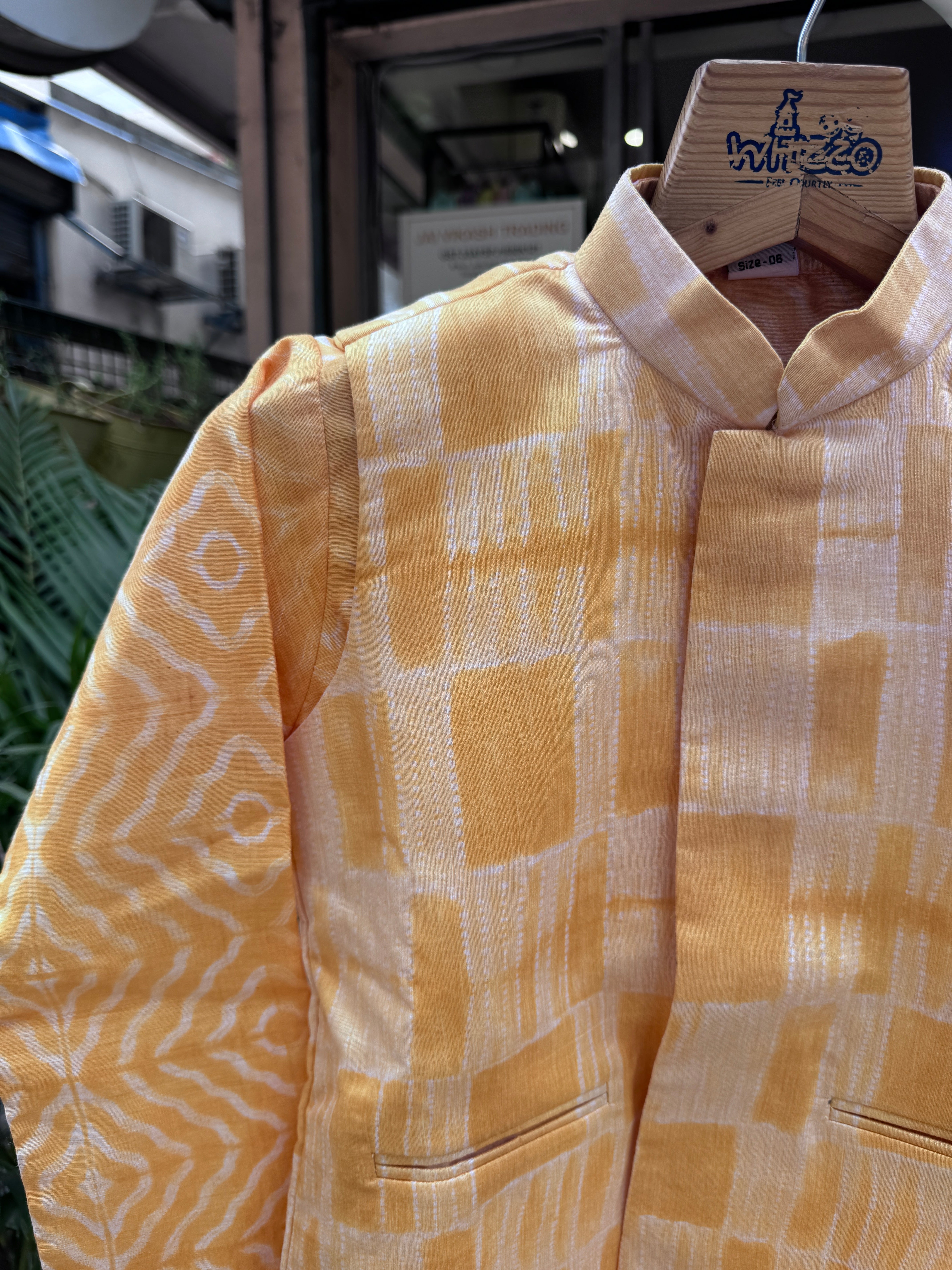 Boys Orange Ikat Jacket & Kurta with White Pajama | Summer Festive Wear Set (5–7 Years) – With Cotton Lining