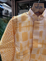 Boys Orange Ikat Jacket & Kurta with White Pajama | Summer Festive Wear Set (5–7 Years) – With Cotton Lining